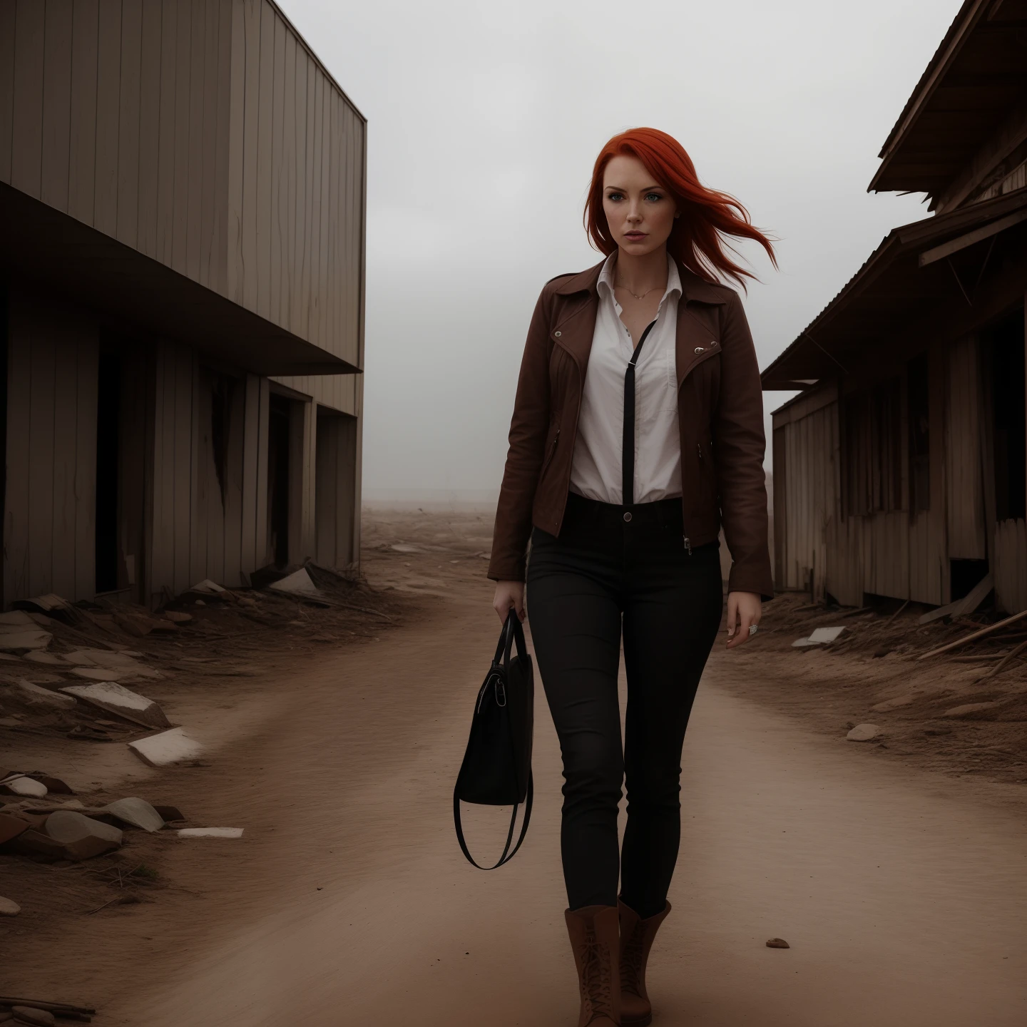Redhead woman in post-apocalypse