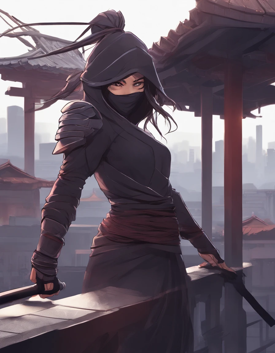 Female Ninja, Rooftop, Twilight, High quality Render