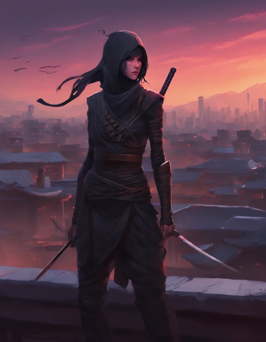 Female Ninja, Rooftop, Twilight, High quality Render