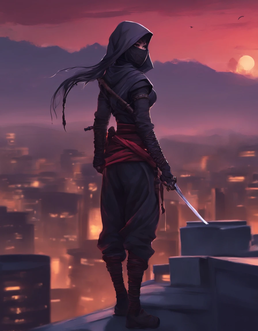 Female Ninja, Rooftop, Twilight, High quality Render