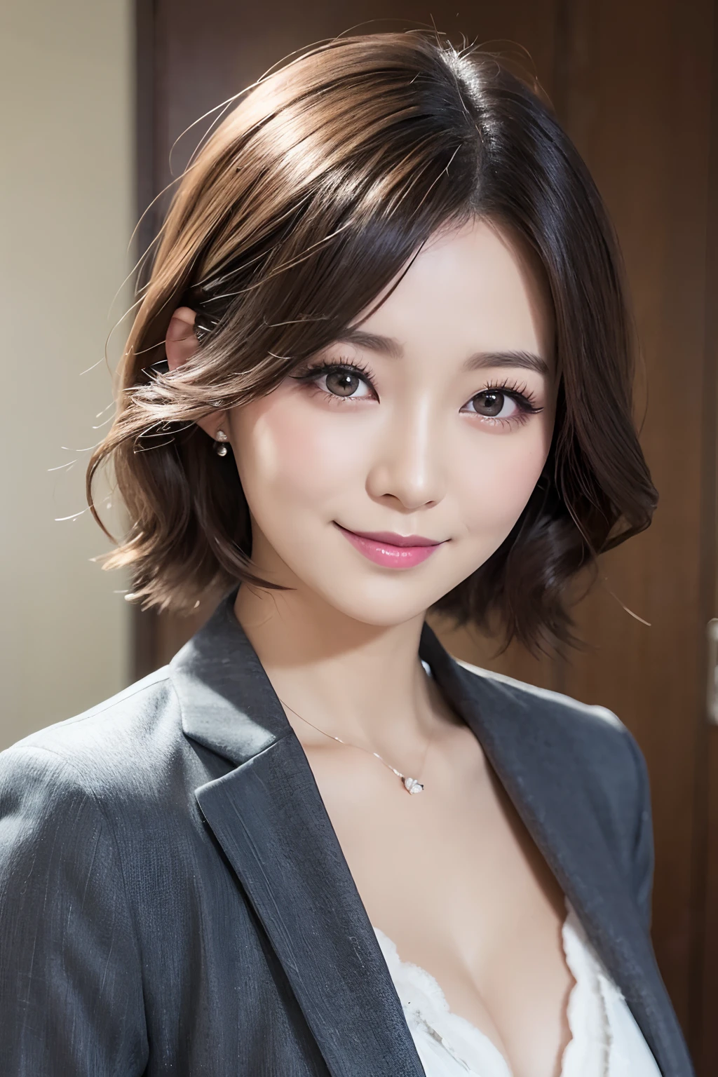 gravure model、Goddess smile(masutepiece), (Best Quality),BRAEK、loose fluffy short hair、 Adult makeup、eyeshadows、eye line、Teardrop Bag Makeup、shiny lip 30-years old、Light brown suit rialistic photo、office backdrop、out of focus