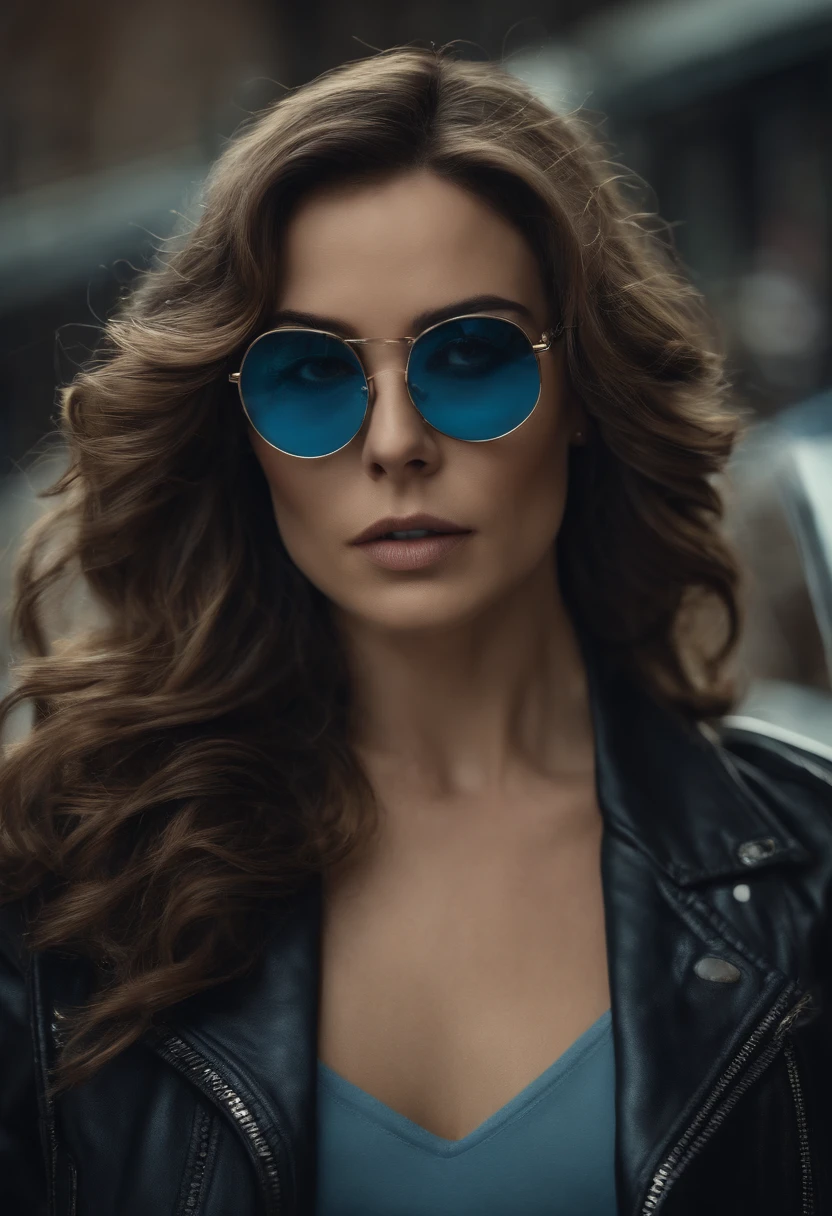 retrato de uma mulher linda atraente com cabelos loiros e olhos azuis, usando uma blusa de moletom,inspirada em "Selina Kyle"(altamente detalhado: 1.2), Hyper-detailed eyes and use of high-tech sunglasses with holographic display 1.2)