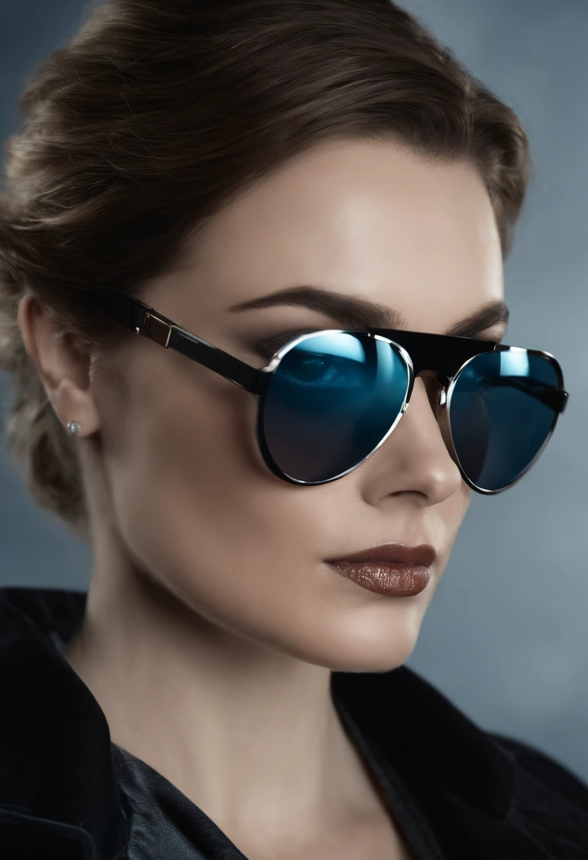 retrato de uma mulher linda atraente com cabelos loiros e olhos azuis, usando uma blusa de moletom,inspirada em "Selina Kyle"(altamente detalhado: 1.2), Hyper-detailed eyes and use of high-tech sunglasses with holographic display 1.2)