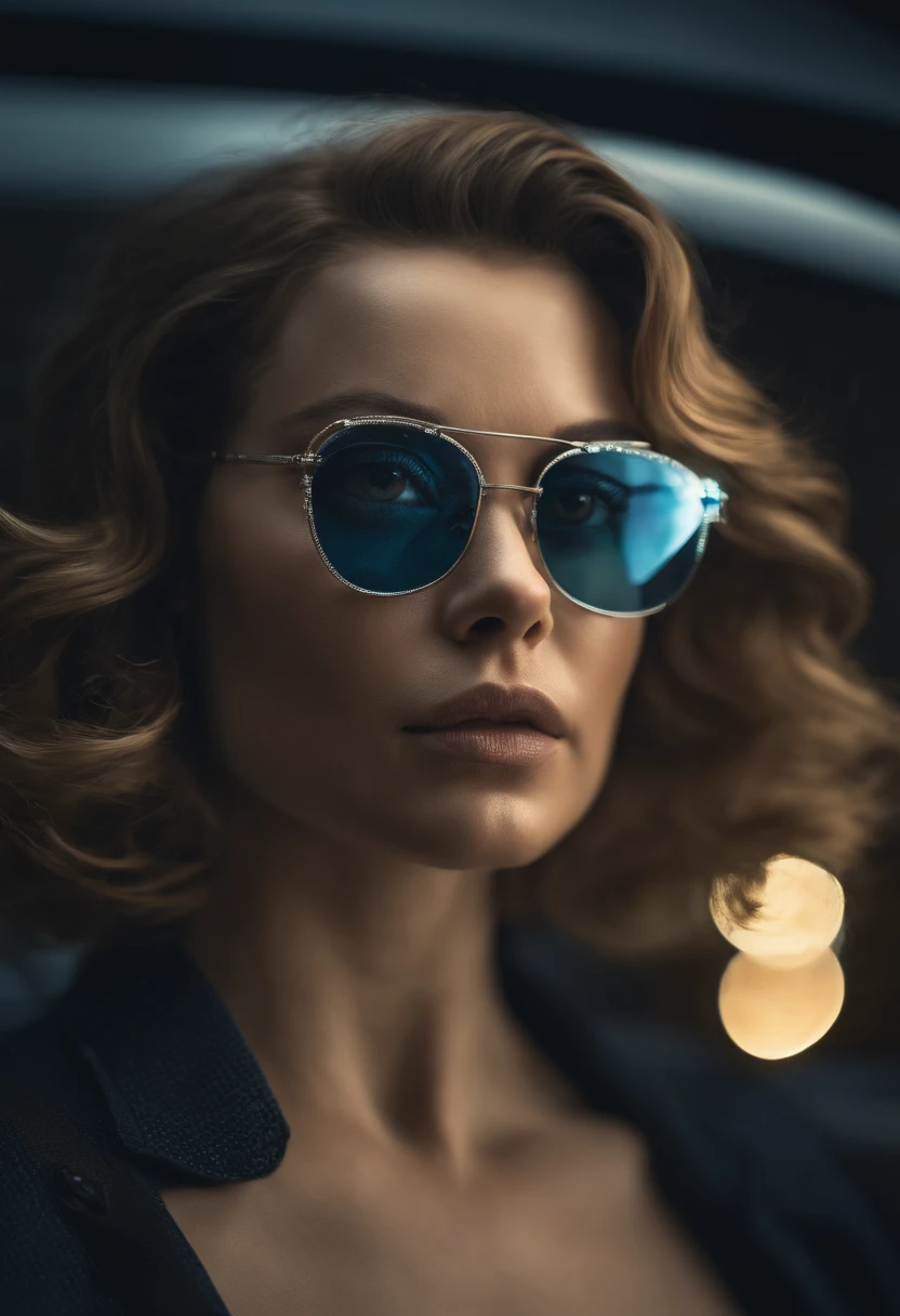 retrato de uma mulher linda atraente com cabelos loiros e olhos azuis, usando uma blusa de moletom，inspirada em "Selina Kyle"(altamente detalhado: 1.2), Hyper-detailed eyes and use of high-tech sunglasses with holographic display 1.2)