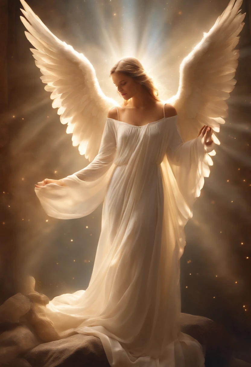 (a resplendent angel),detailed wings spread,communicating with a kneeling woman beside her bed,soft light,angelic presence,divine atmosphere,gentle conversation,healing presence,comforting aura,sacred moment,spiritual connection,glowing aura,elegant robes,serene woman,subtle rays of light,hopeful expression,peaceful surroundings,faithful guardian,supernatural encounter,symbol of love and protection,bathed in celestial light,serenity and tranquility,whispered words of solace,guardian angel with outspread wings,graceful and majestic,heavenly emissary,gentle touch of divine guidance,a comforting presence,sublime beauty,flickering candlelight,ethereal harmony,sacred bond of compassion,transcendent experience,angels in human form,sacred guardianship,care and solace,healing and serenity,spiritual awakening,profound connection,humanity and divinity blended.