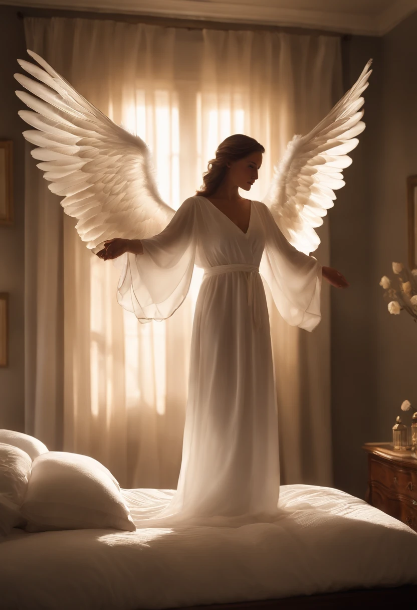(a resplendent angel),detailed wings spread,communicating with a kneeling woman beside her bed,soft light,angelic presence,divine atmosphere,gentle conversation,healing presence,comforting aura,sacred moment,spiritual connection,glowing aura,elegant robes,serene woman,subtle rays of light,hopeful expression,peaceful surroundings,faithful guardian,supernatural encounter,symbol of love and protection,bathed in celestial light,serenity and tranquility,whispered words of solace,guardian angel with outspread wings,graceful and majestic,heavenly emissary,gentle touch of divine guidance,a comforting presence,sublime beauty,flickering candlelight,ethereal harmony,sacred bond of compassion,transcendent experience,angels in human form,sacred guardianship,care and solace,healing and serenity,spiritual awakening,profound connection,humanity and divinity blended.