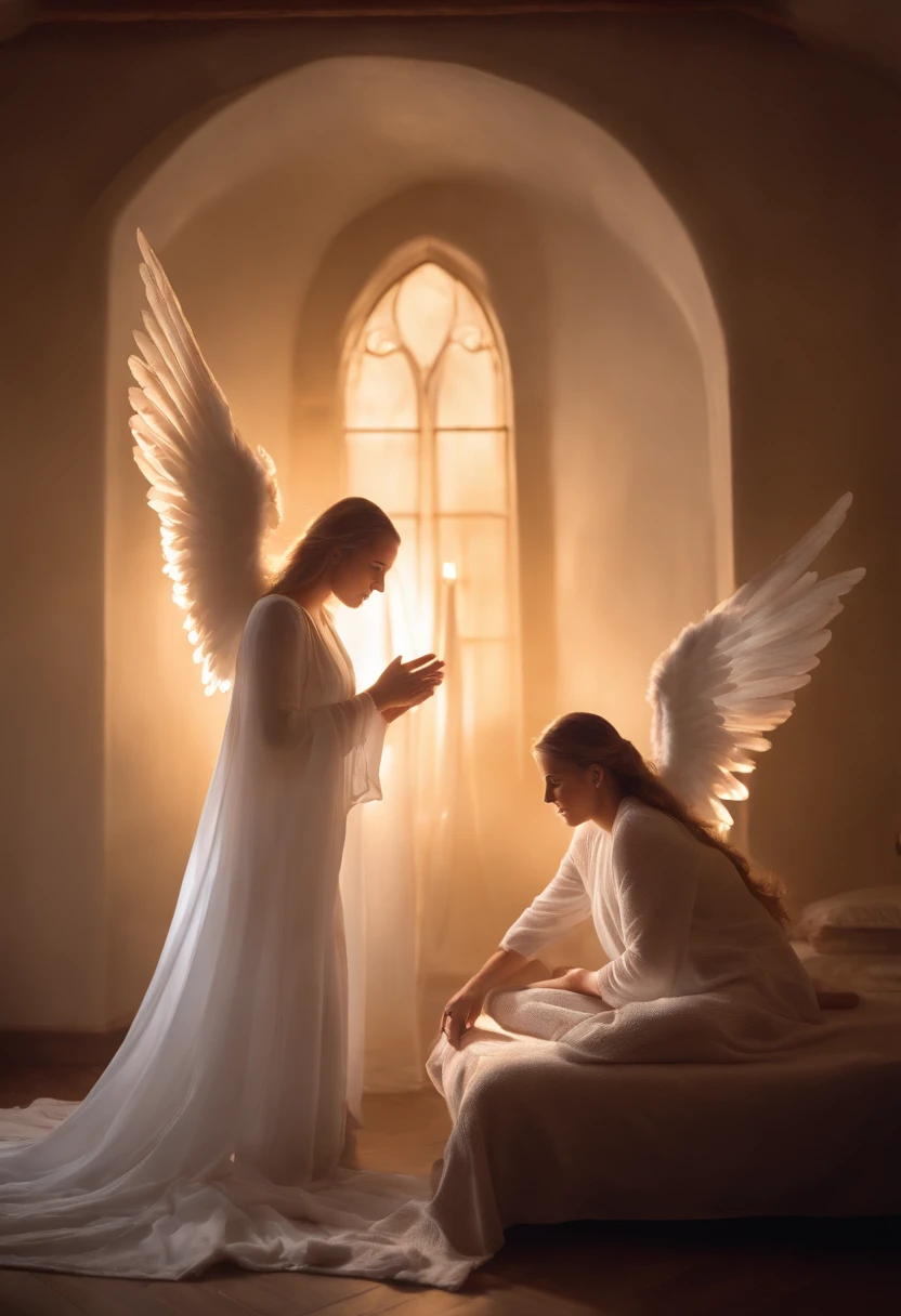 (a resplendent angel),detailed wings spread,communicating with a kneeling woman beside her bed,soft light,angelic presence,divine atmosphere,gentle conversation,healing presence,comforting aura,sacred moment,spiritual connection,glowing aura,elegant robes,serene woman,subtle rays of light,hopeful expression,peaceful surroundings,faithful guardian,supernatural encounter,symbol of love and protection,bathed in celestial light,serenity and tranquility,whispered words of solace,guardian angel with outspread wings,graceful and majestic,heavenly emissary,gentle touch of divine guidance,a comforting presence,sublime beauty,flickering candlelight,ethereal harmony,sacred bond of compassion,transcendent experience,angels in human form,sacred guardianship,care and solace,healing and serenity,spiritual awakening,profound connection,humanity and divinity blended.
