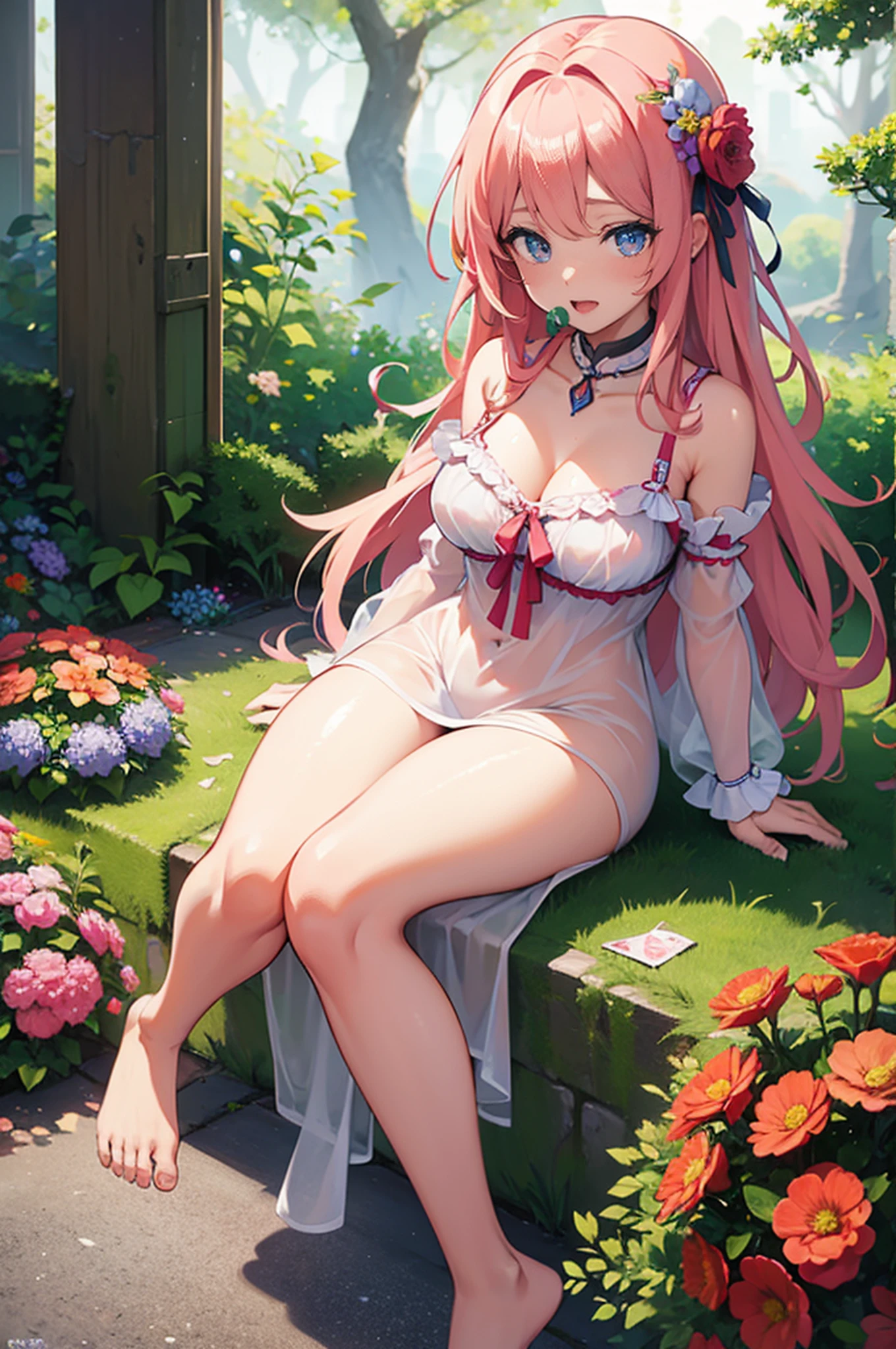 (best quality, 8k, masterpiece:1.2, nsfw ),Cutest,Cute girl,mesugaki,Beautiful face,Beautiful eyes,Beautiful hair, Light pink hair,Lots of colorful flowers,see-through nightdress, Shout with your mouth wide open, Orgasmic expression,Twitching of the toes,Genital cramps,Supraphthalbal adduction,pubick hair,droolng,Wet skin,