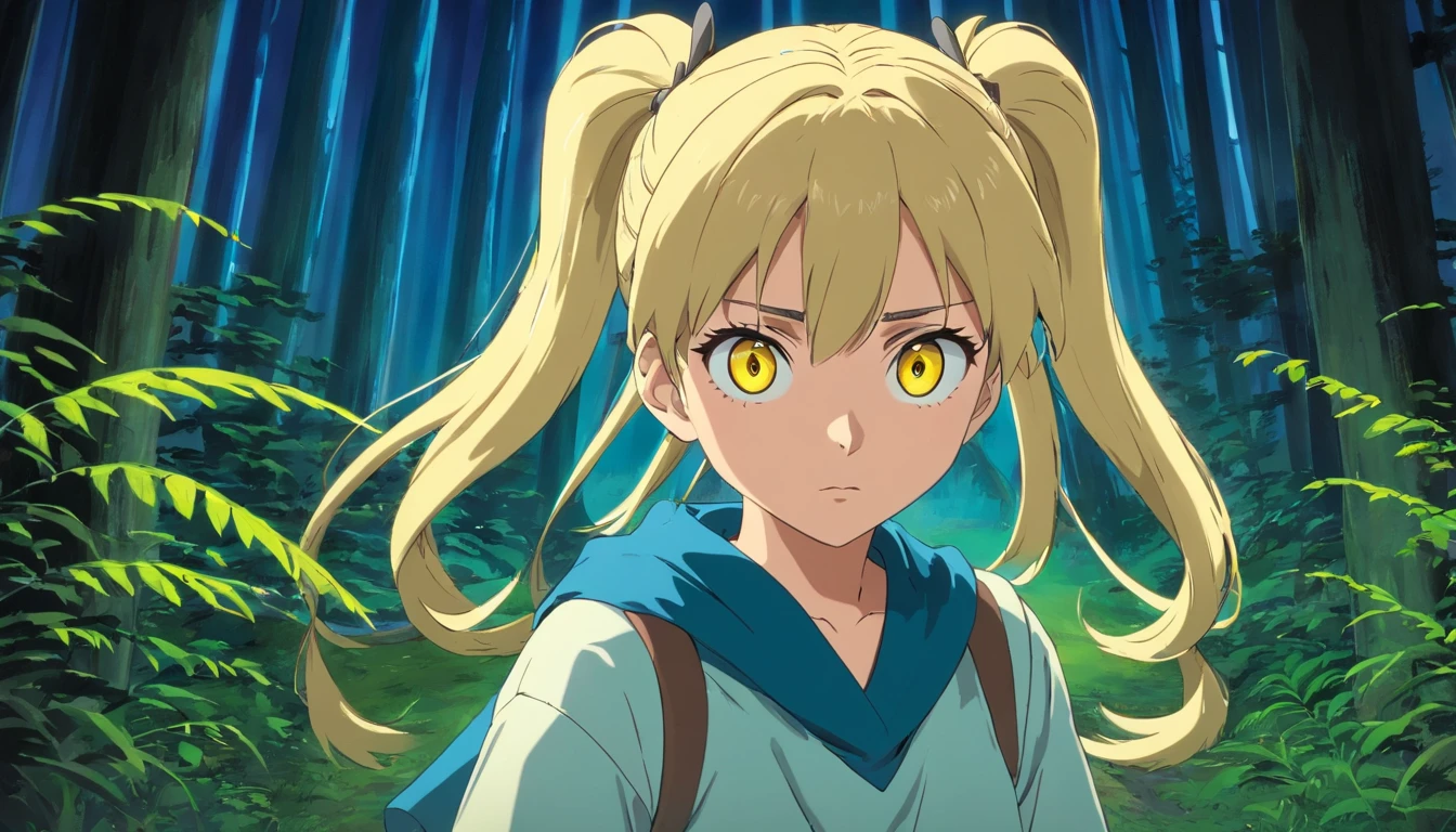 In the nocturnal forest,A blonde girl with double ponytail(Yellow eyes)Angrily facing the camera