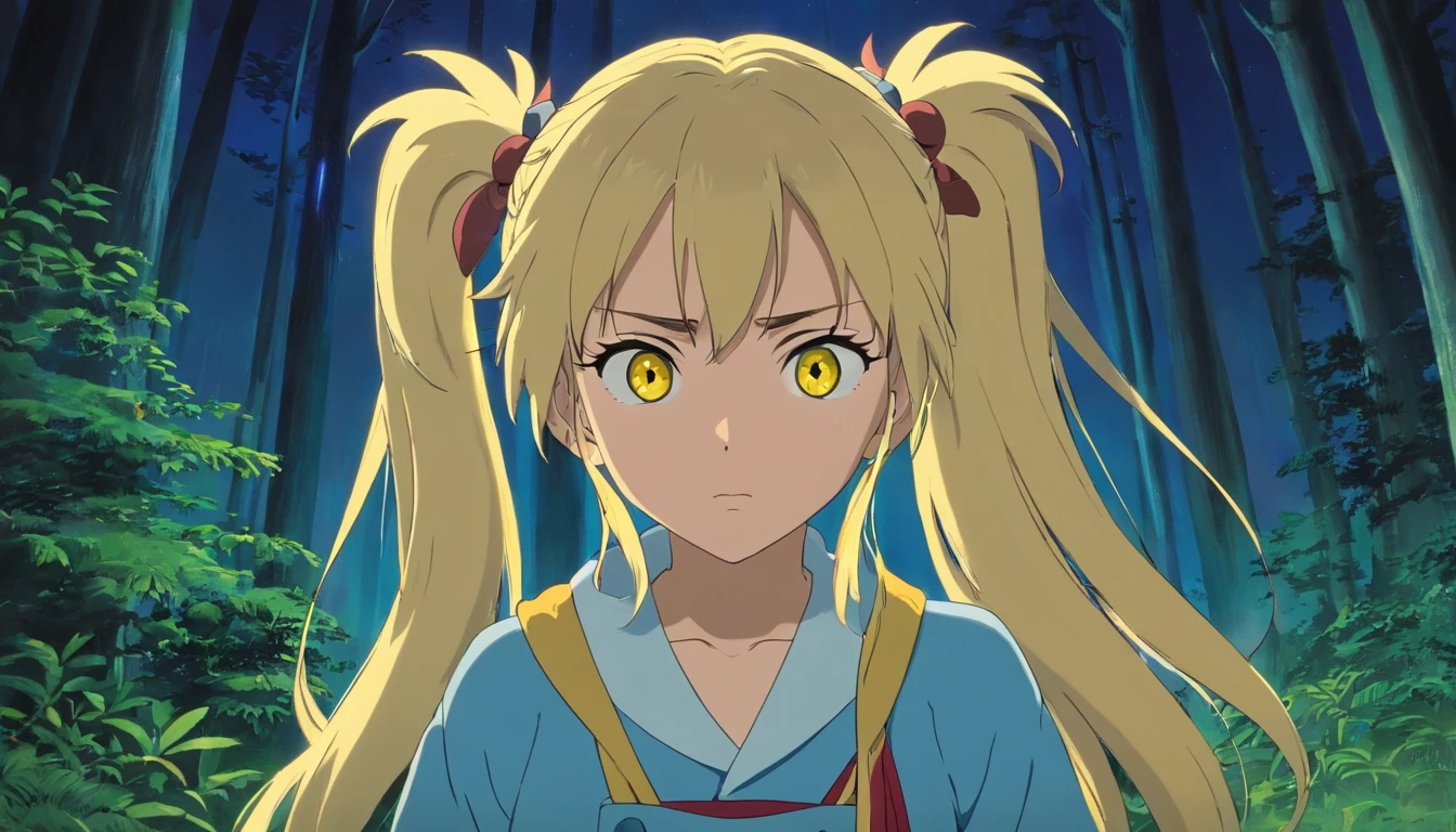 In the nocturnal forest,A blonde girl with double ponytail(Yellow eyes)Angrily facing the camera