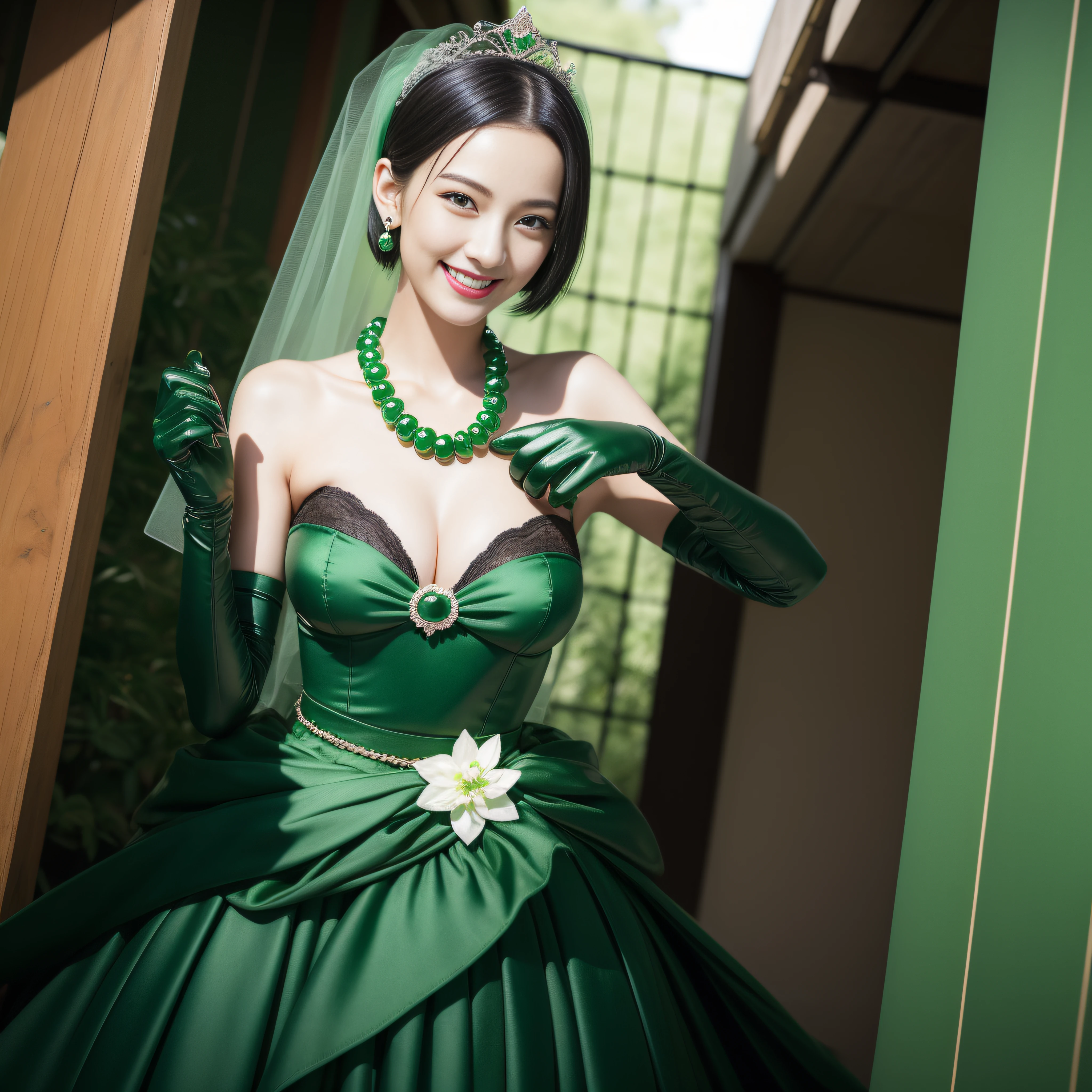 Boyish very short black hair, lipsticks, Japan woman smiling, Green Long Grove, Emerald Tia boyish very short black hair, lipsticks, Japan woman smiling, Satin green long gloves, Green Pearl Necklace, verd s eyes, Green eyes, Long green gloves made of satin material, big breasts beautiful, Green Bridal Veil, Green eyes, Emerald Earrings,emerald tiara
