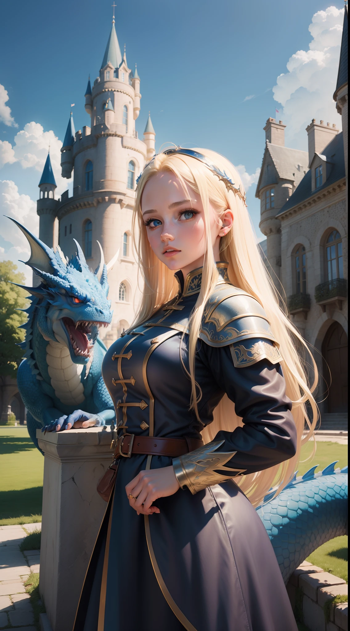 Realism of a girl with blonde hair in front of a castle next to a big, blue dragon (Make the drawing look like reality)