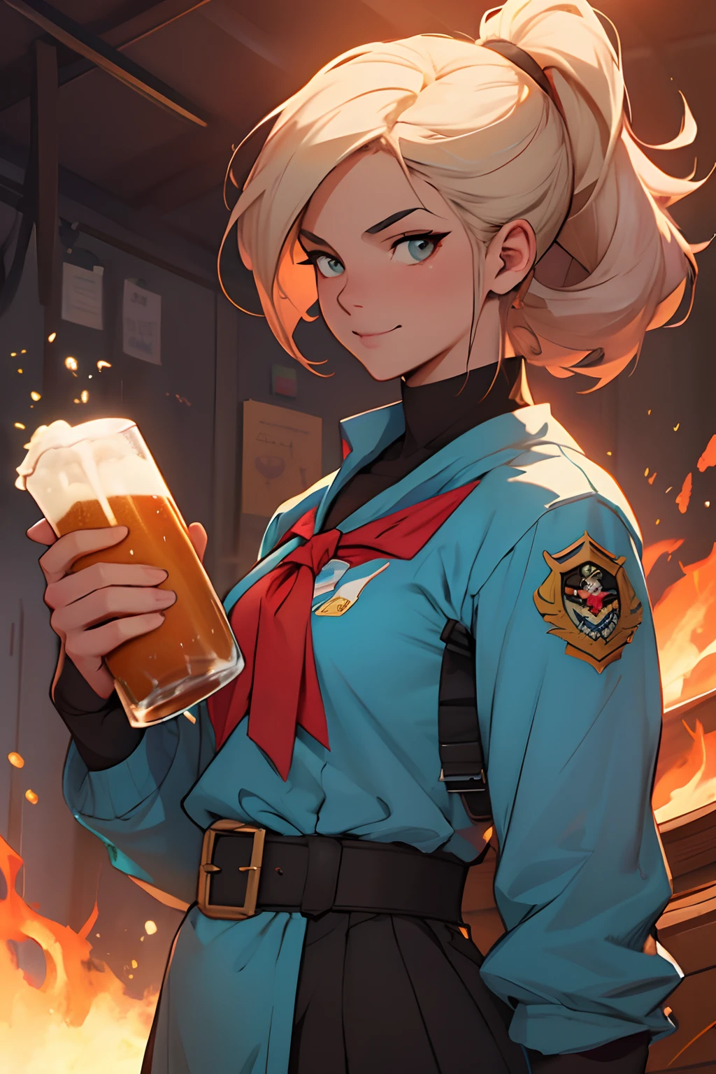 A woman with a glass of beer in her hand and a fire in the background, Artgerm e Atey Ghailan, expressando alegria. Directed by: Krenz Cushart, cavaleiro bebe cerveja, Annie, de League of Legends, De masmorras & dragons, Lois van Baarle e Rossdraw, happy brave magical cuteness, Artgerm e Lois van Baarle