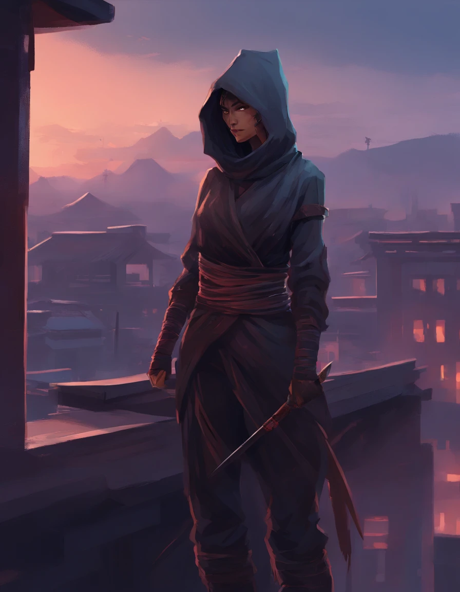 Female Ninja, Rooftop, Twilight, High quality 2D Render