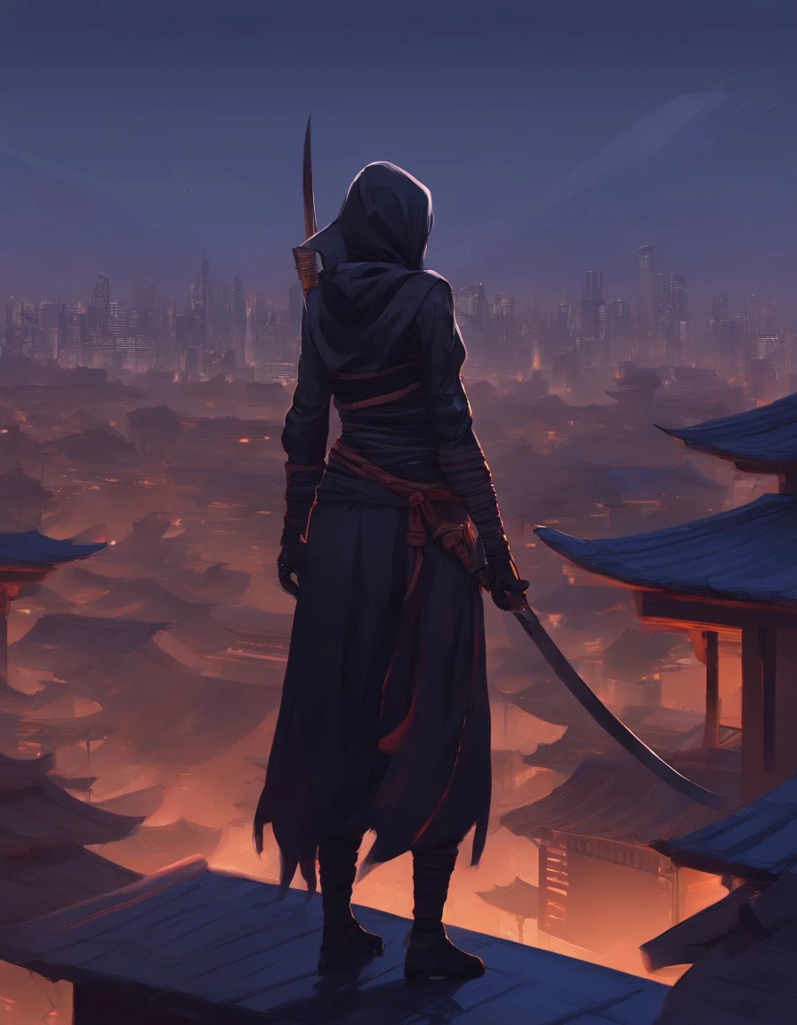 Female Ninja, Rooftop, Twilight, High quality 2D Render