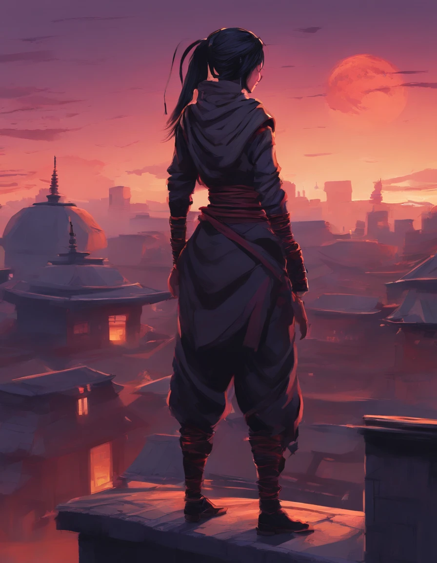 Female Ninja, Rooftop, Twilight, High quality 2D Render