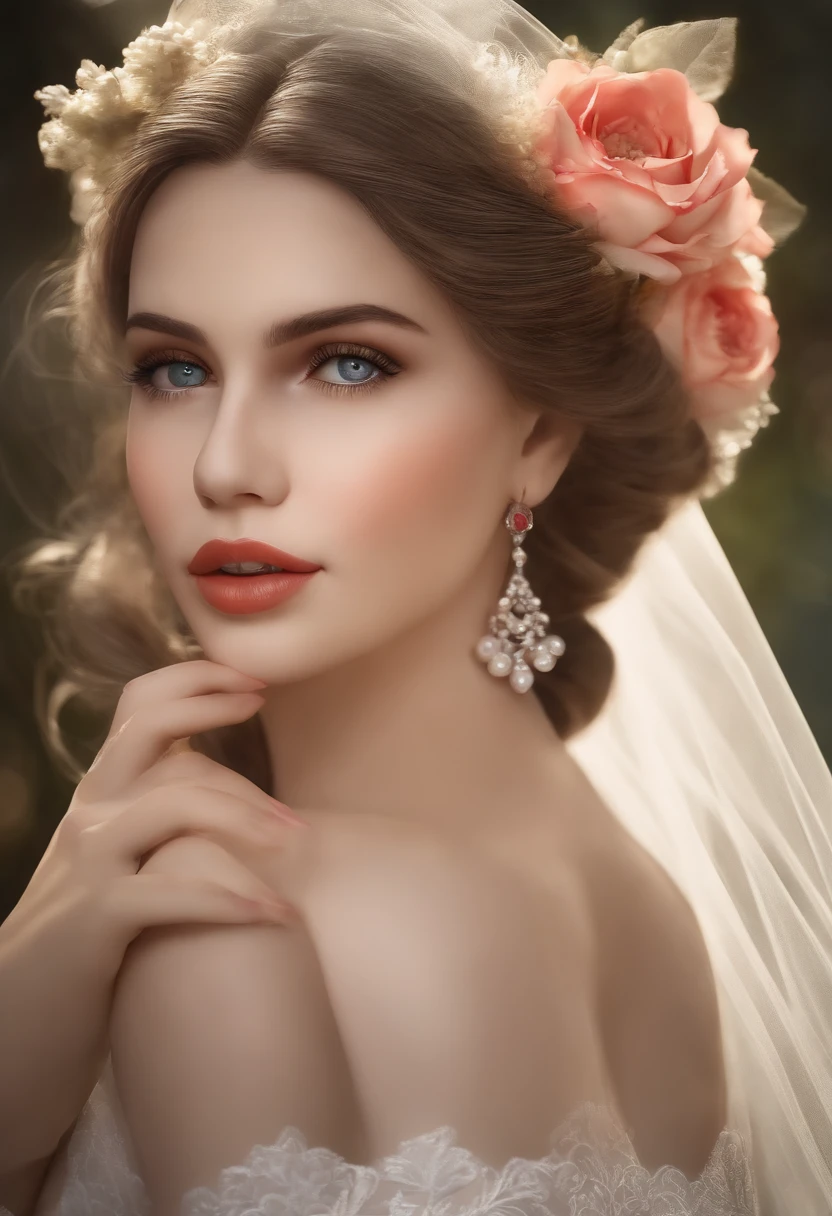 master part:1.2, best quality), Realistic, (imagem real, detalhes intrincados, profundidade de campo), (1girl, sozinho), compor, separated-lips, altamente detalhado, rosto perfeito, (dentadura da pele), coxas grossas, quadris largos, cintura pequena, alto, glossy coral lips,, (A girl in a wedding dress with flowers in her hands )), sexy, Corar, Mikasa, AOT