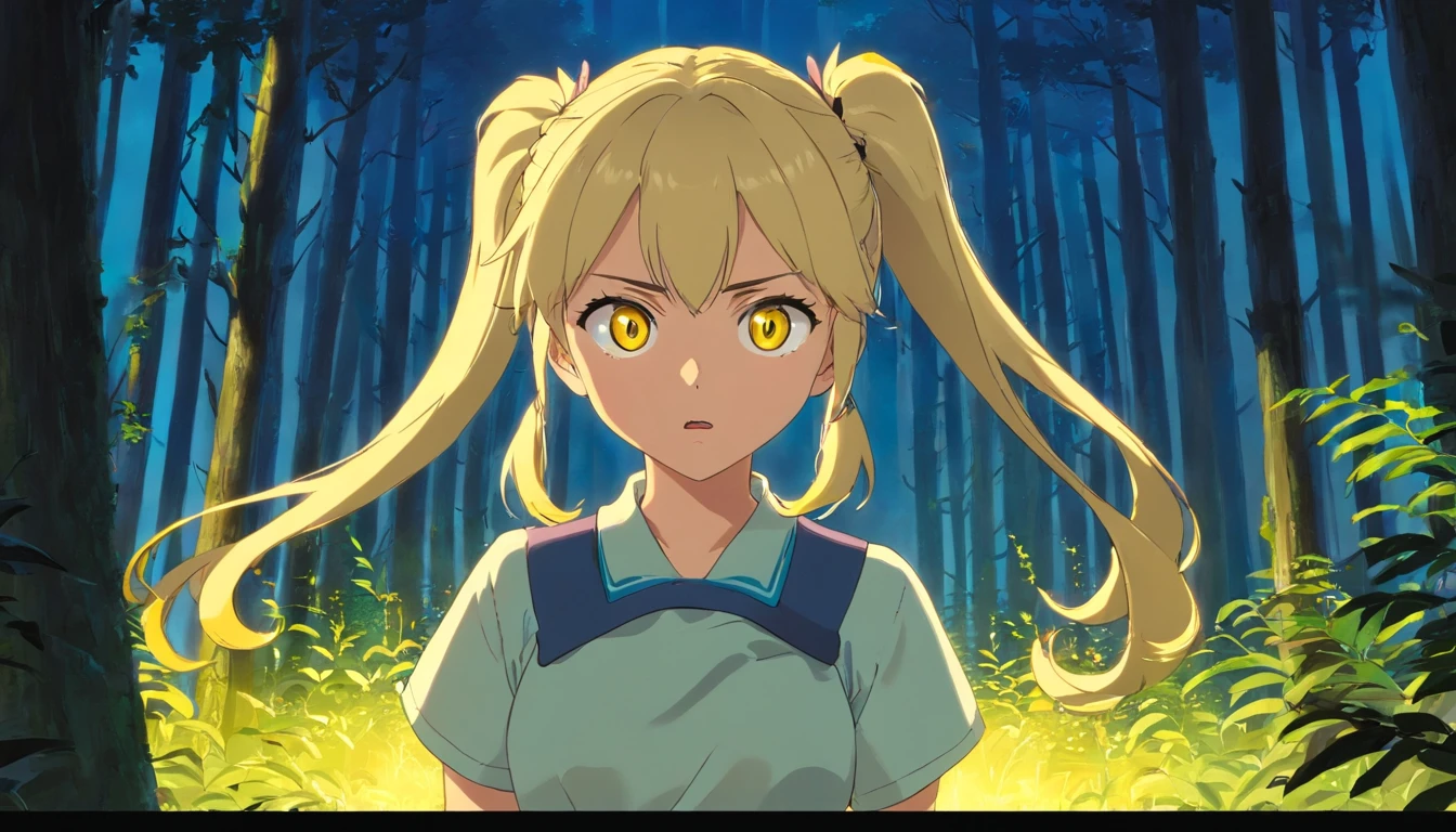 Nocturnal forest,A blonde girl with double ponytail(Yellow eyes)The mouth pouted angrily to the camera