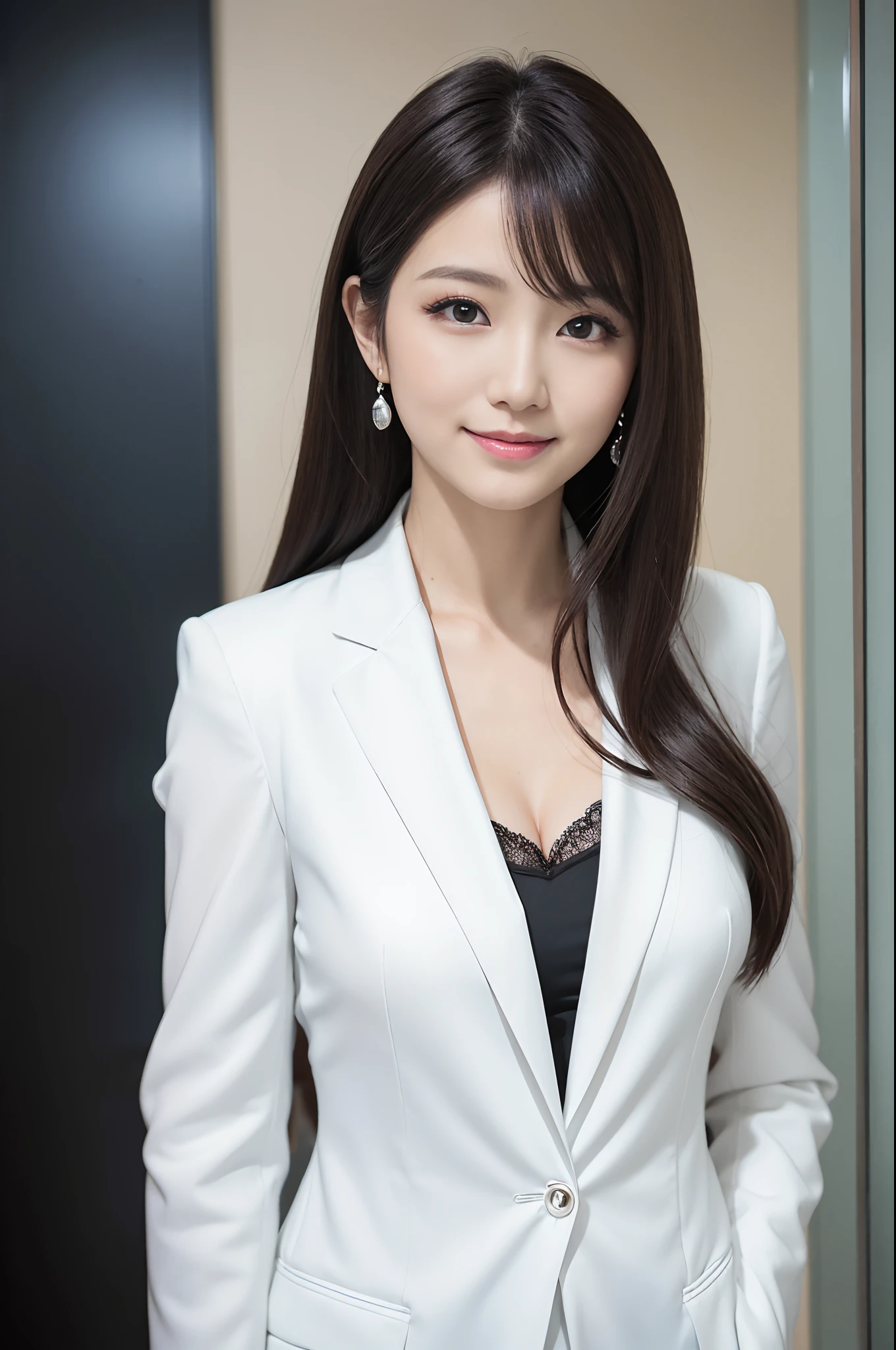 gravure model、Goddess smile(masutepiece), (Best Quality),BRAEK、loose fluffy hair、 Adult makeup、eyeshadows、eye line、Teardrop Bag Makeup、shiny lip 30-years old、white suit rialistic photo、office backdrop、out of focus