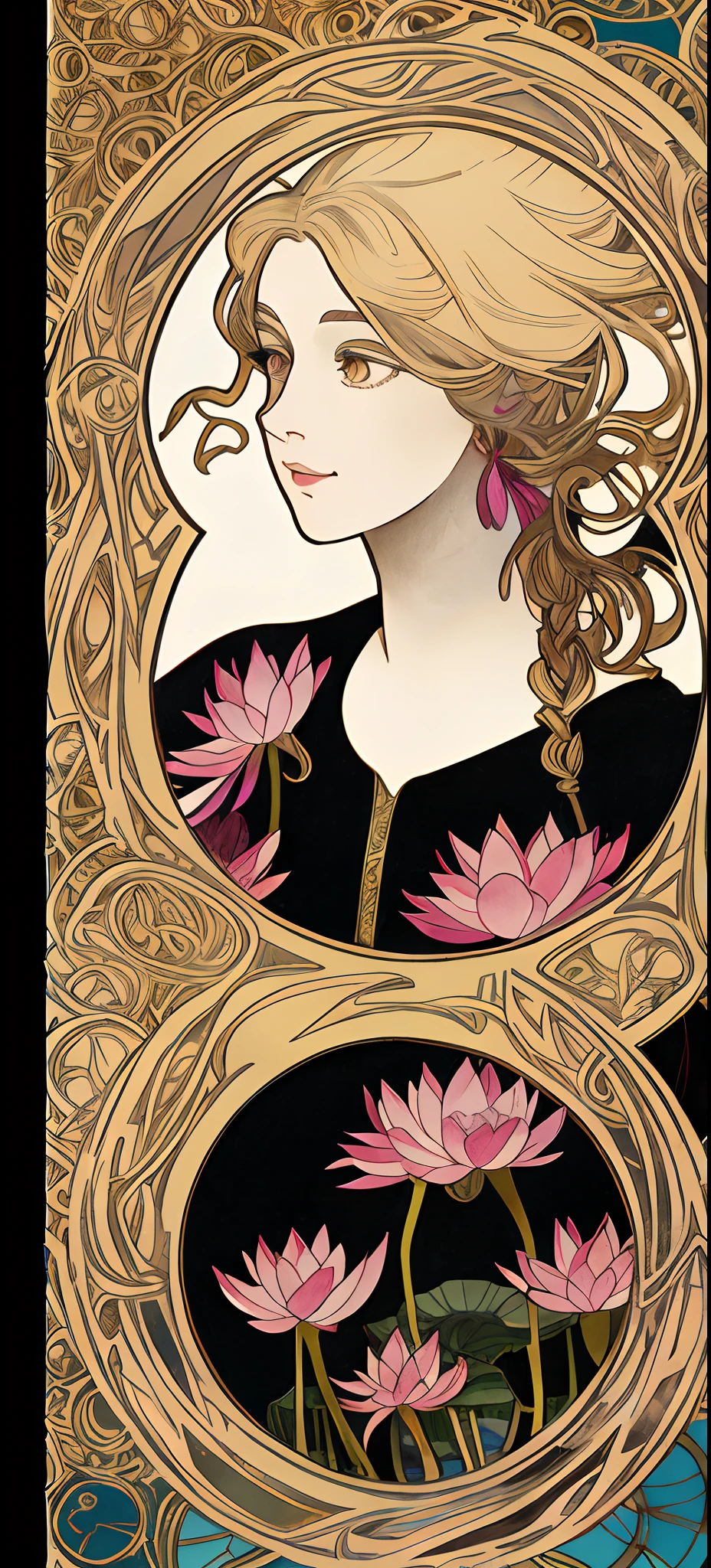 "Generate a highly detailed vector illustration in the style of Alphonse Mucha featuring a larger, beautiful woman in black fantasy clothing, dancing with fire. She holds two lotus flowers in her hands, surrounded by serene water with a perfect reflection of herself beneath."