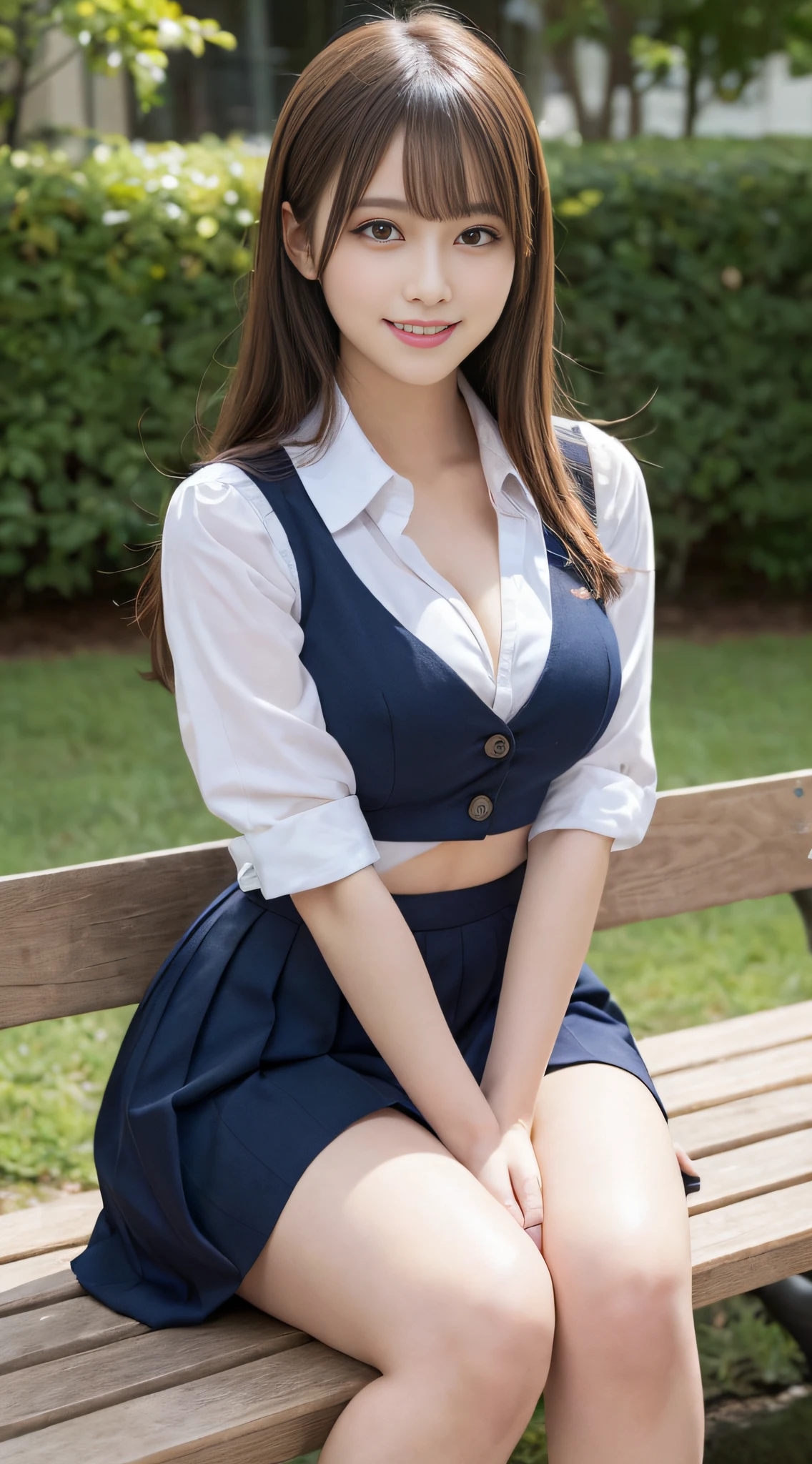 ((top-quality、in 8K、masterpiece:1.3, Photorealsitic:1.3,)), (((white ribbed panties:1.2, Inter-strands}))), Japanese high school girl, 1 female, A dark-haired, With bangs, ((Japan schoolgirl uniform, sockes, Thicker thighs, opens legs)), a baby face, with round face, pony tail hairstyle, Highly detailed facial and skin texture, A detailed eye, Detailed lips、Highly detailed hair depiction, pureerosface_v1, Natural makeup:1.0, cleavage