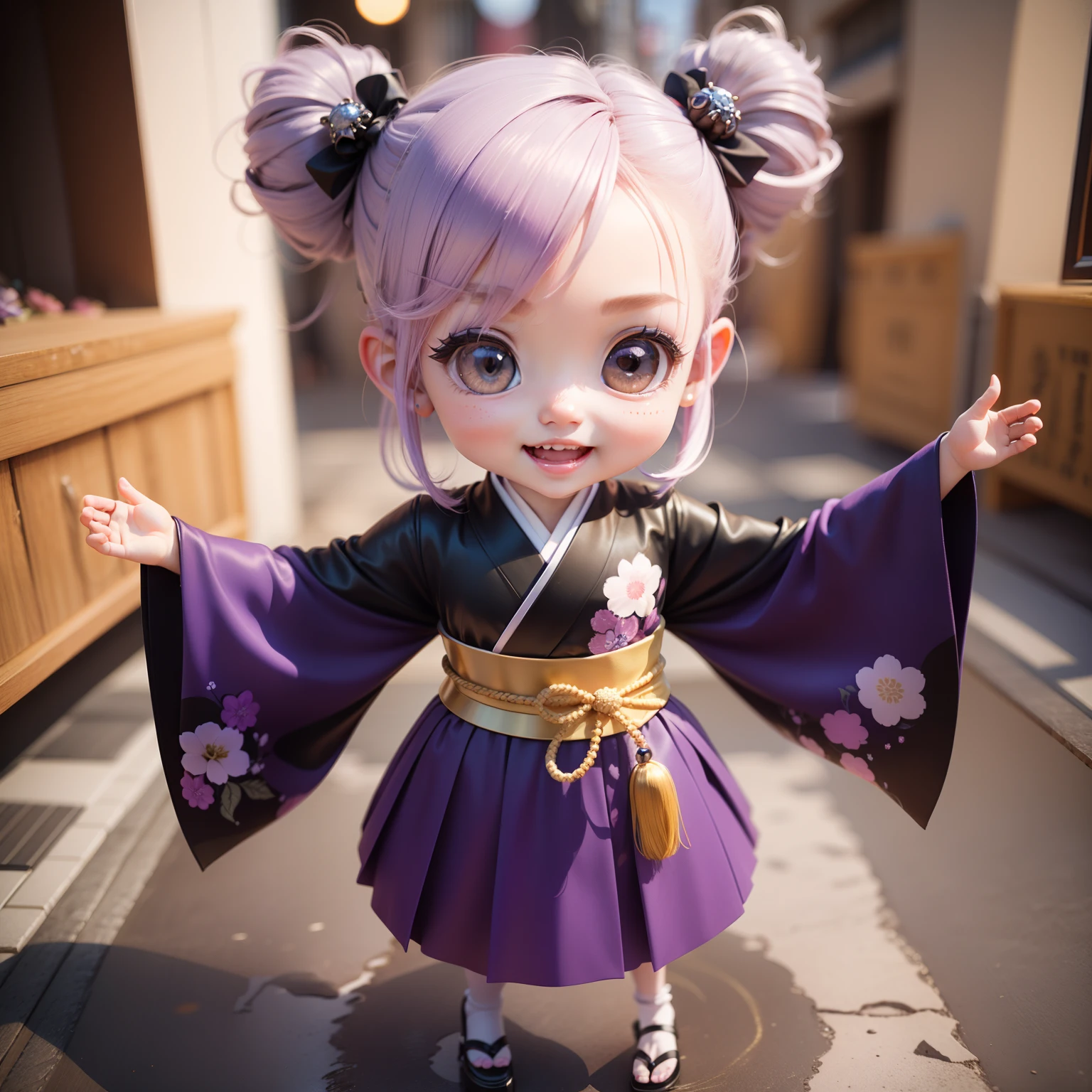 Cute Baby Chibi Anime,(((chibi 3d))) (Best Quality) (Master Price)、Punk Fashion Chibi、Kimono with black and purple jewelry decoration、Luxurious hair ornament in platinum and gemstones、耳Nipple Ring、Tokyo University of the Arts Art Festival、Open your mouth and smile、Dancing