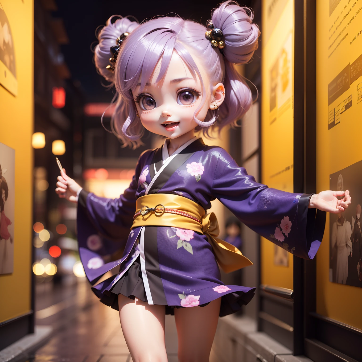 Cute Baby Chibi Anime,(((chibi 3d))) (Best Quality) (Master Price)、Punk Fashion Chibi、Kimono with black and purple jewelry decoration、Luxurious hair ornament in platinum and gemstones、耳Nipple Ring、Tokyo University of the Arts Art Festival、Open your mouth and smile、Dancing