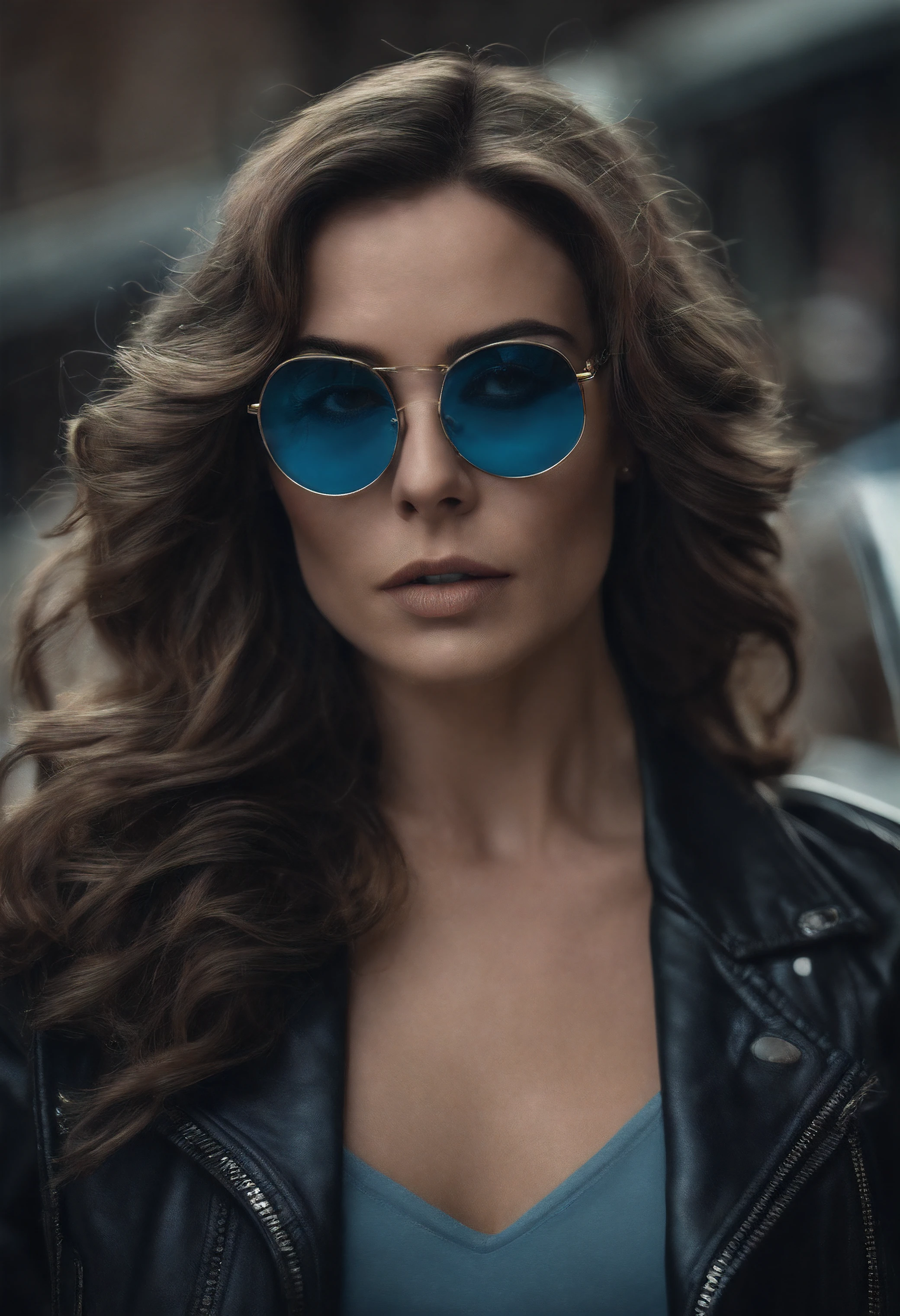 retrato de uma mulher linda atraente com cabelos loiros e olhos azuis, usando uma blusa de moletom，inspirada em "Selina Kyle"(altamente detalhado: 1.2), Hyper-detailed eyes and use of high-tech sunglasses with holographic display 1.2)