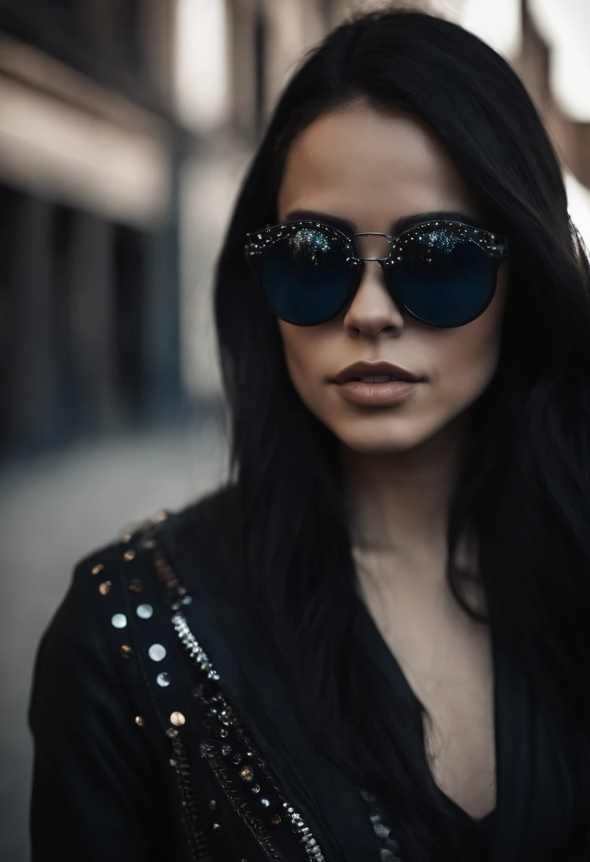 Portrait of an attractive beautiful woman with black hair with gothic costume，inspirada em "Jenna Ortega"(altamente detalhado: 1.2), Hyper-detailed eyes and use of high-tech sunglasses with holographic display 1.2)