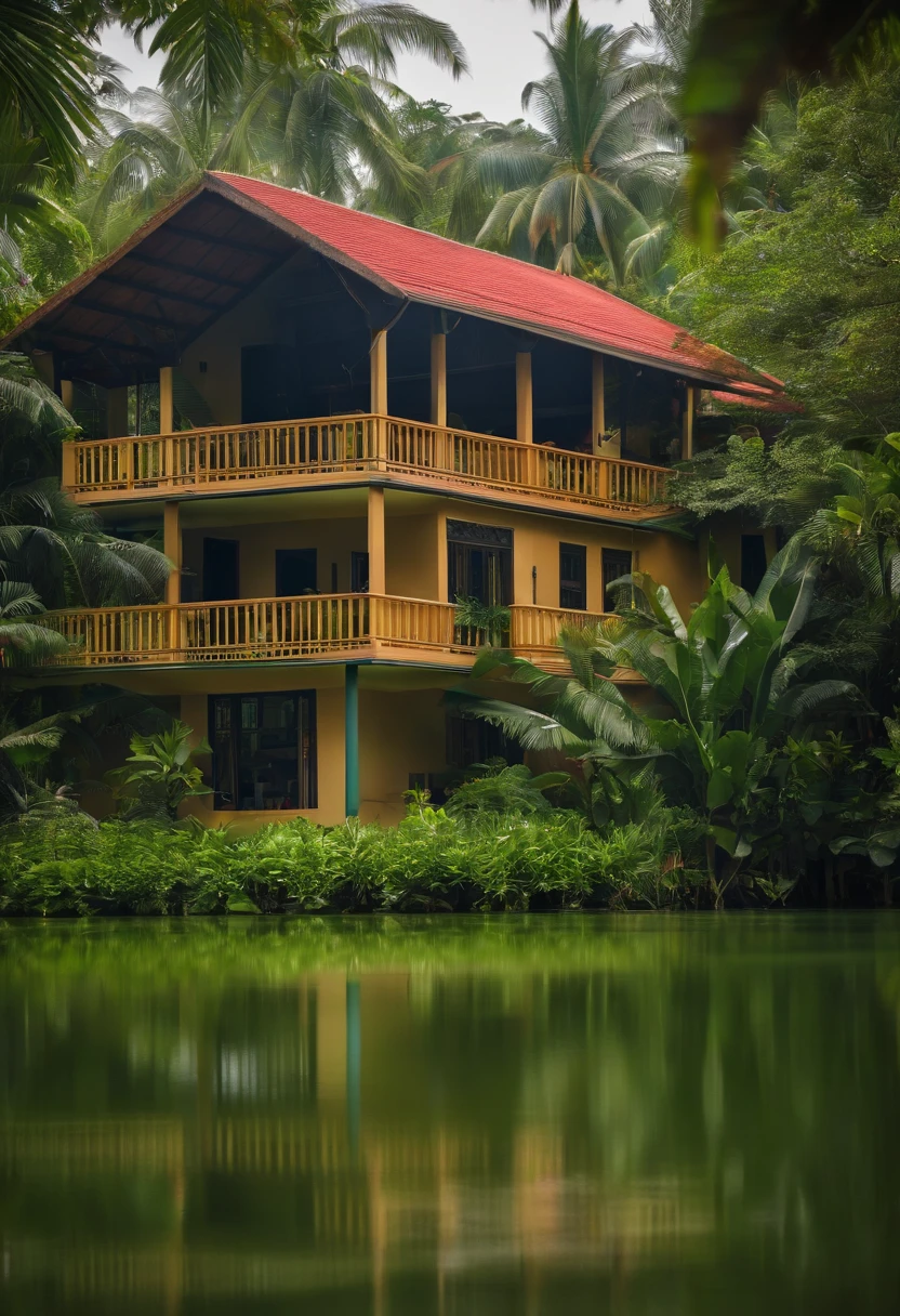 Single-family duplex house next to water bodies and forests in tropical climates