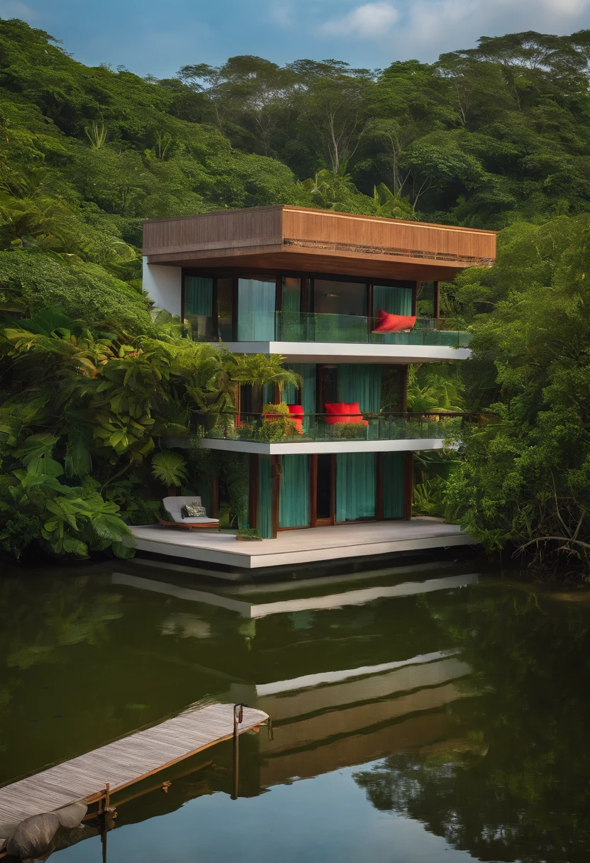 Single-family duplex house next to water bodies and forests in tropical climates