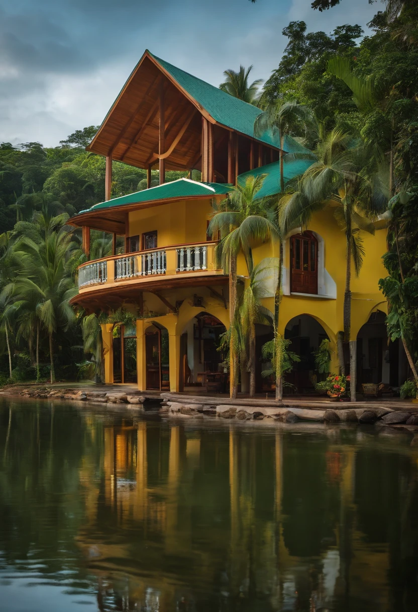 Single-family duplex house next to water bodies and forests in tropical climates