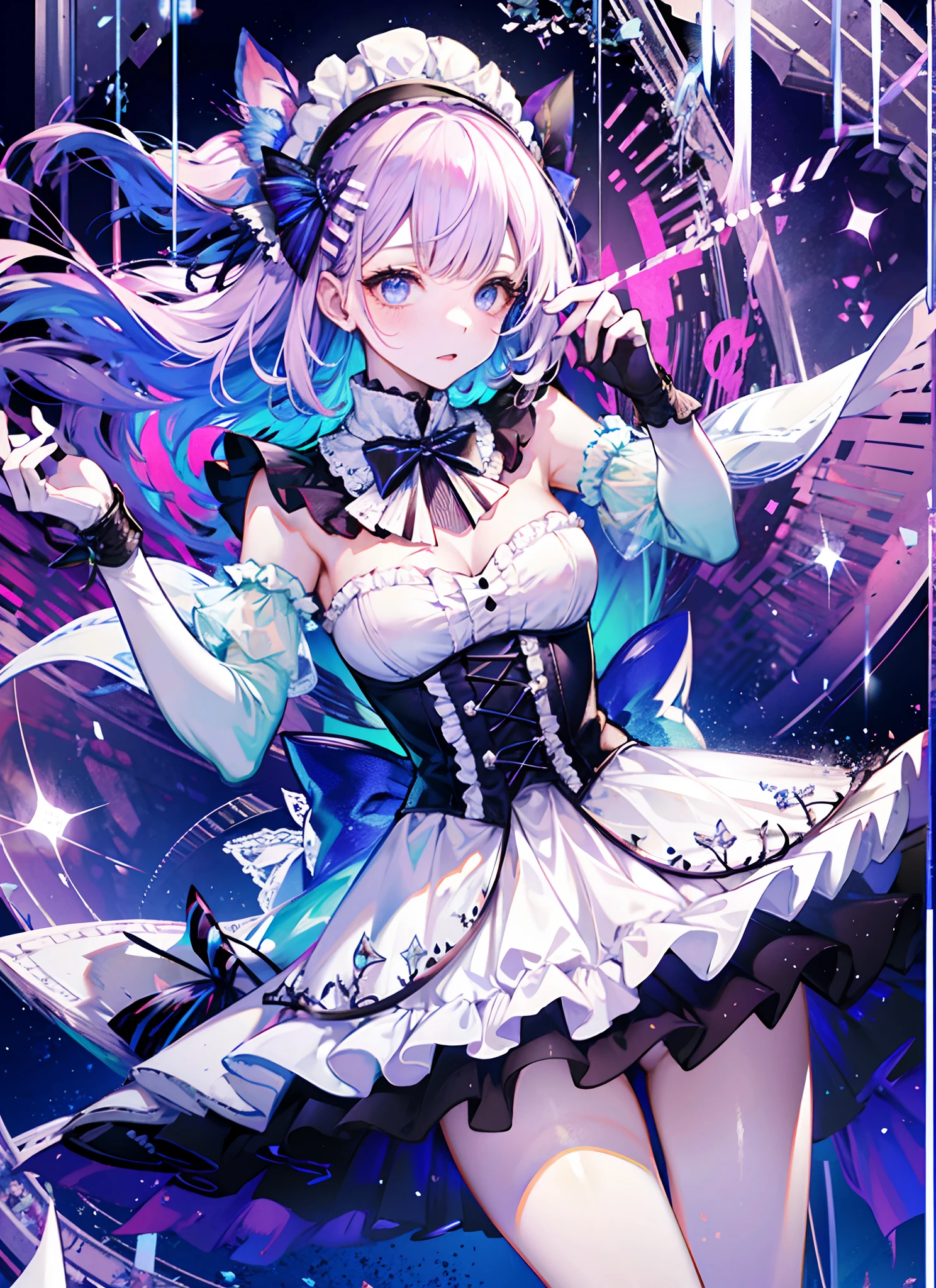 Super gorgeous, extreme multiplication, shiny crystal, cinematic lighting, curly hair, Roman curls, frills, misty, Alice in wonderland, dramatic composition, extreme detail, high resolution, lolita dress, bow, pearl necklace, lace gloves, bow, ribbon, floating, levitating, fly, misty, starry, dreamy, transparent fabric, layered yarn, transparent gauze skirt