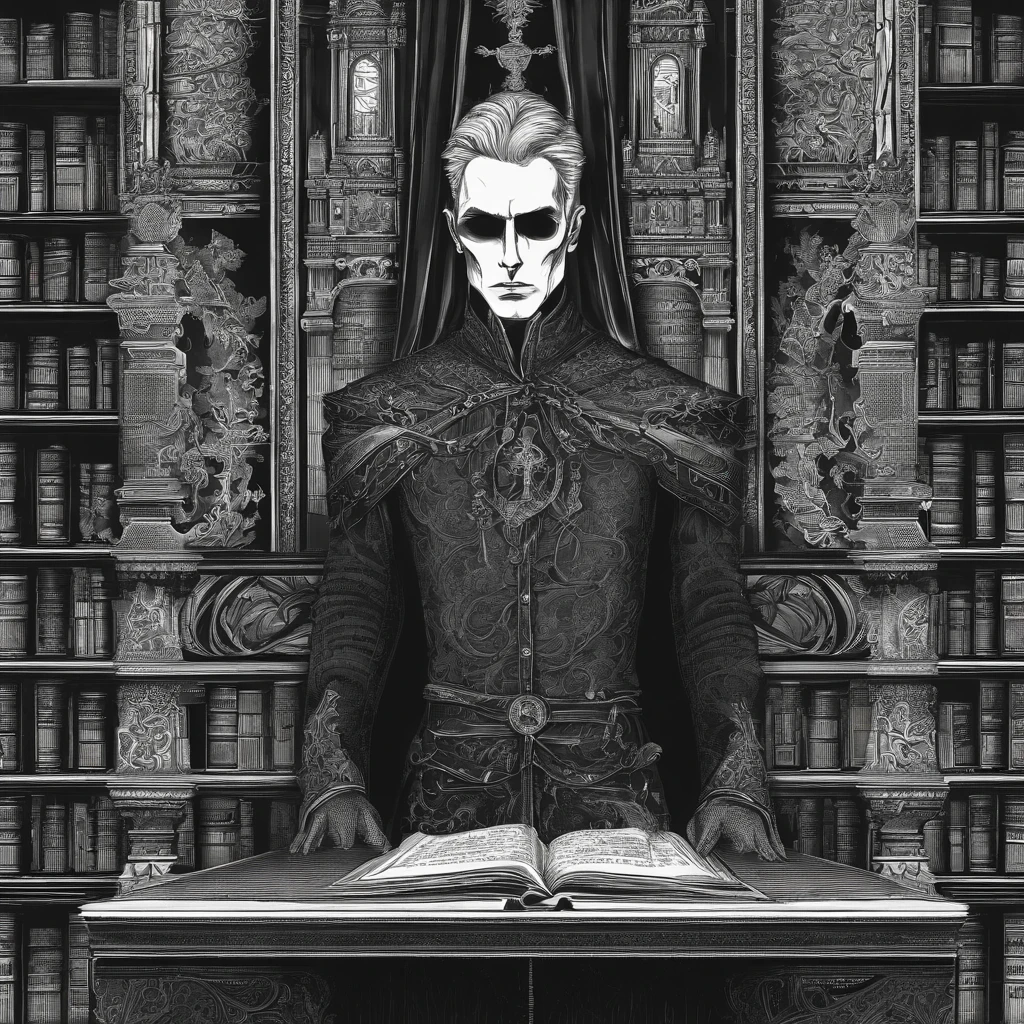 biblioteca, velas, Gothic man with gray skin, roupa de couro, livros voando, gothic style, hiper-realista, detalhado, intrincate details, triste