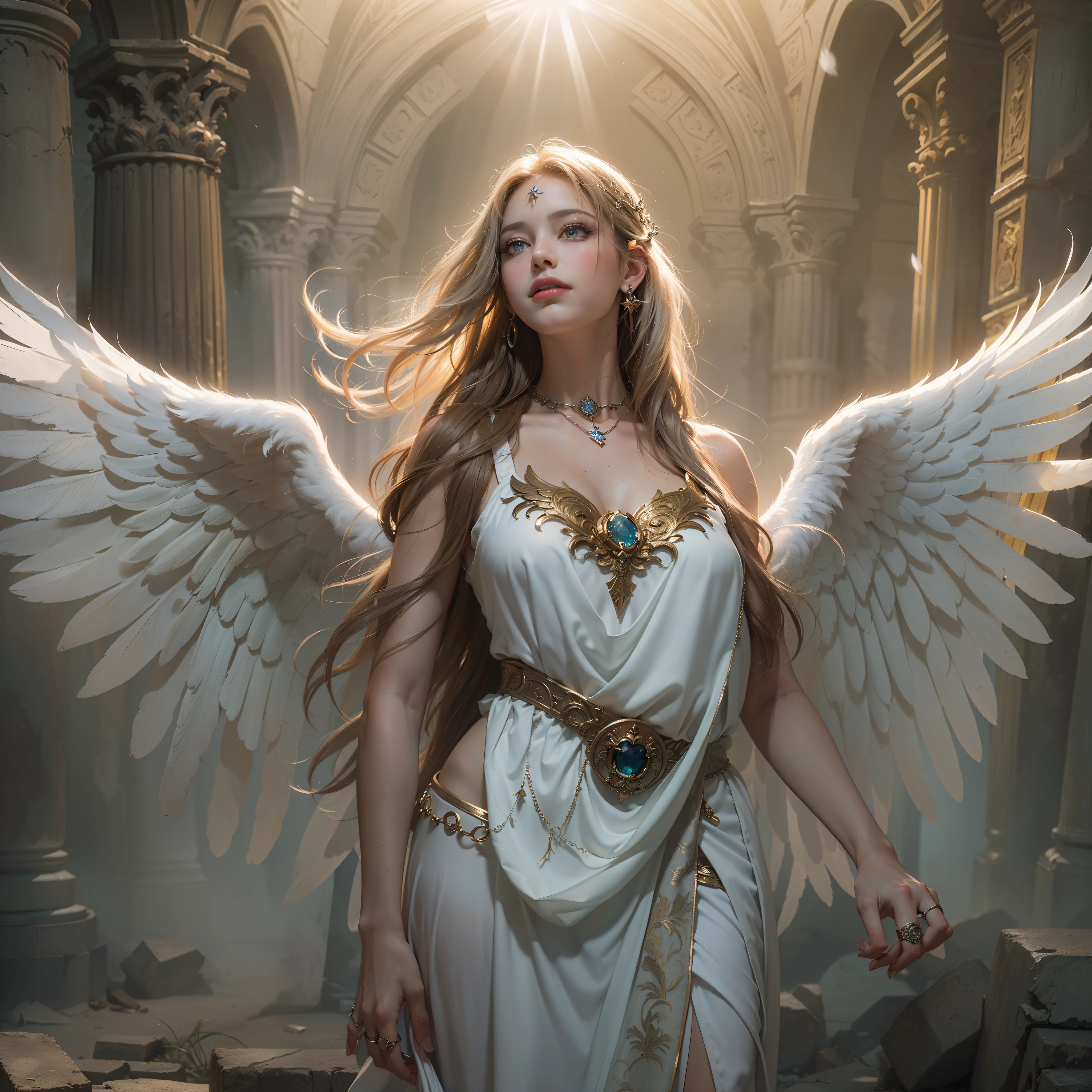 (Numerous award-winning masterpieces, with incredible detail, textures and maximum detail), (full-body standing image:1.8), (hyper realistic:1.4), (realistic:1.3), (upper body up:0.3), (best quality real texture skin), (finely detailed true circle Symmetrical eyes), (finely drawn beautiful face,) (ring of divine brilliance above the head:1.8), ((medieval world)), ((((black angel of the Lord, white angel of the Lord)))), ((Full-length portrait)), (Beautiful kind eyes), (She has a mischievous smile on her face), (Beautifully colored eyes filled with compassion), Shining majestic cloud masses and sky, (halo optical phenomenon), (Angels dancing in the background), (Dramatic Light), (majestic sight), (Her expression is serene full of tenderness and very beautiful), ((Large wings with pure white feathers behind the shoulders)), (((Folded wings))), Glass earrings on the ears, (((dramatic photo))), (twilight), (sunset), (dusk), (Sacred Pose), (golden hair), (silver hair), (chestnut hair), Short cut hair, ((looks up)), ((looking down)), ((gives full-body standing image)), (Around her neck is a simple necklace of exquisite workmanship), Old ruins infested with plants, great temple, great cathedral, temple ruins, detached temple, (Luminous magic circle), Ruins of an ancient castle, Deserted ruins, crumbling ruins, Ancient ruins with clear water, Sacred Light, epic realistic, ((neutral colors)), (hdr:1.5), (muted colors:1.2), hyper detailed, cinematic, warm lights, dramatic light, (intricate details:1.1), complex background,