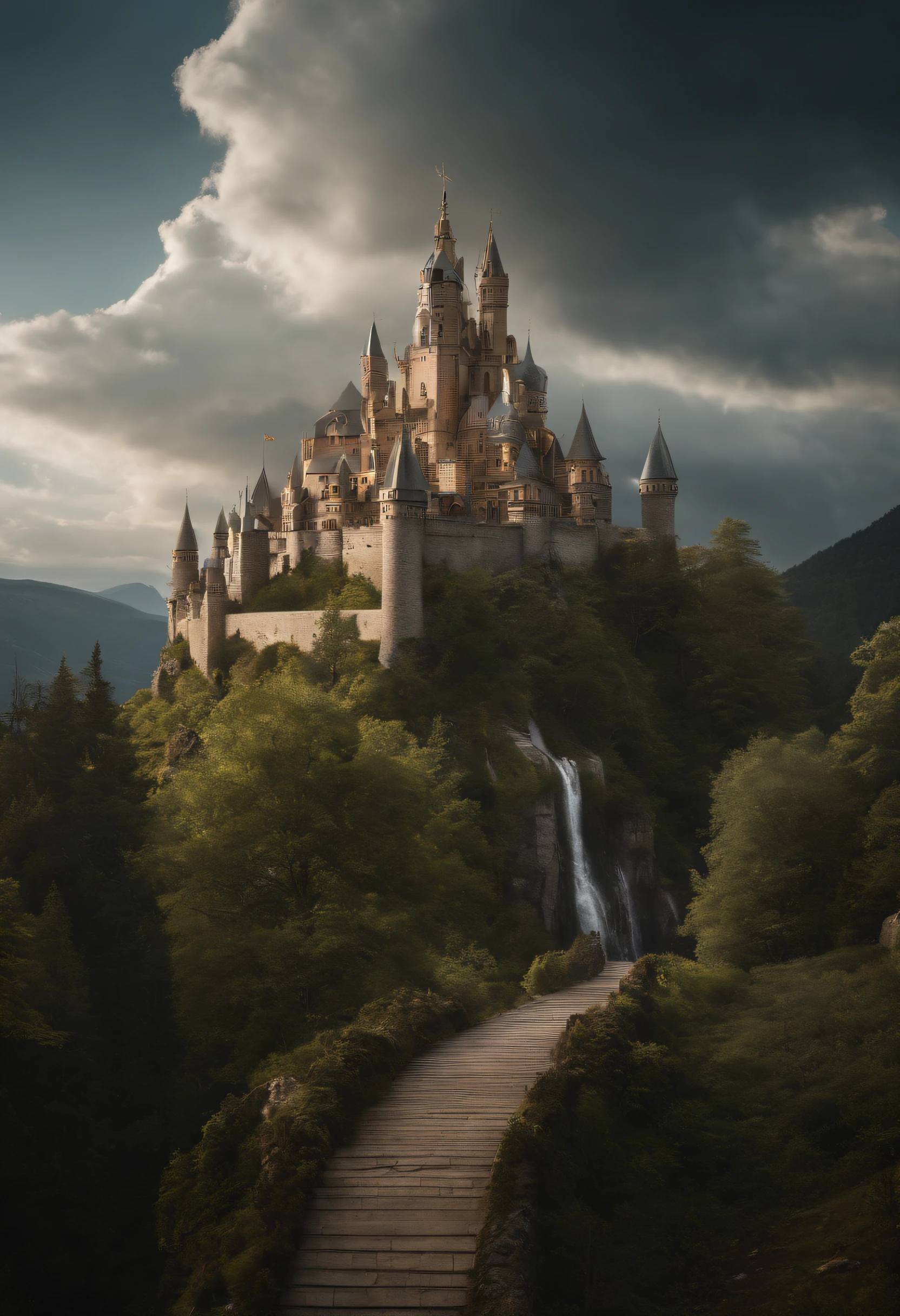 A large castle with a huge, A green roof with a bizarre shape, standing on top of a mountain.
It has a fantasy structure with floating ships, Buildings and crystals in the air, and trees, growing at the bottom.
The fantasy element is very strong.
The bridge over the castle makes people look forward to going there.
There is a large statue of the goddess, which serves as a symbol.
There is also a church here, where many people come to pray every day.