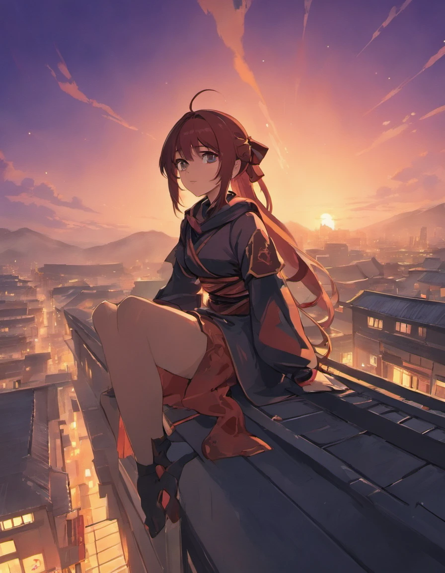 Female Ninja, Sitting, Rooftop, Twilight, Moon, High quality 2D Render