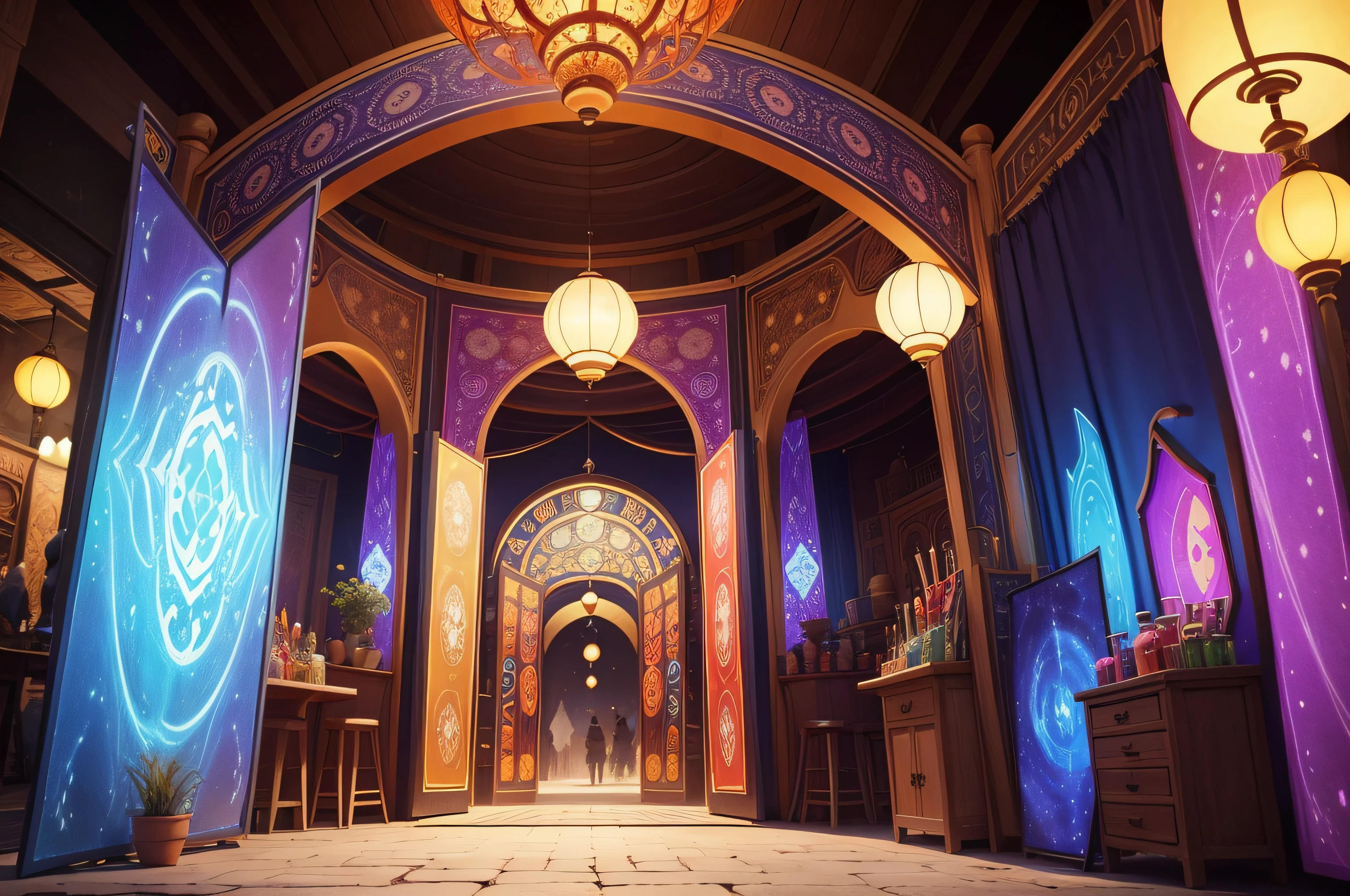 The Bazaar of Dimensions is a series of colorful stalls and booths, each with a touch of a different dimensional culture. In the center, a large magical portal serves as a focal point, displaying fleeting images of other worlds. The strange sounds and exotic atmosphere create a feeling that you truly are at a crossroads of worlds.