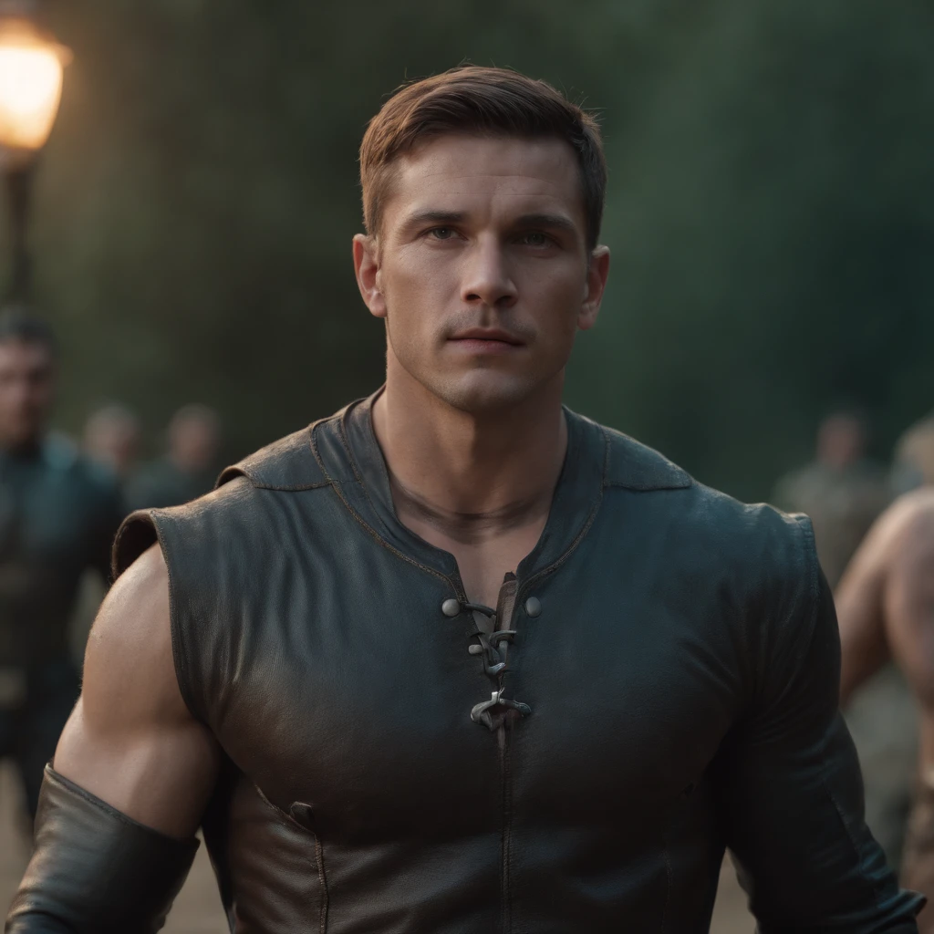 (soft features, brilliant male heroes, (Old Epic Hero , rough man muscles, Fierce in dynamic pose, corpo inteiro 8k unidade render, action shot, poros da pele, very dark lighting, sombreamento pesado,