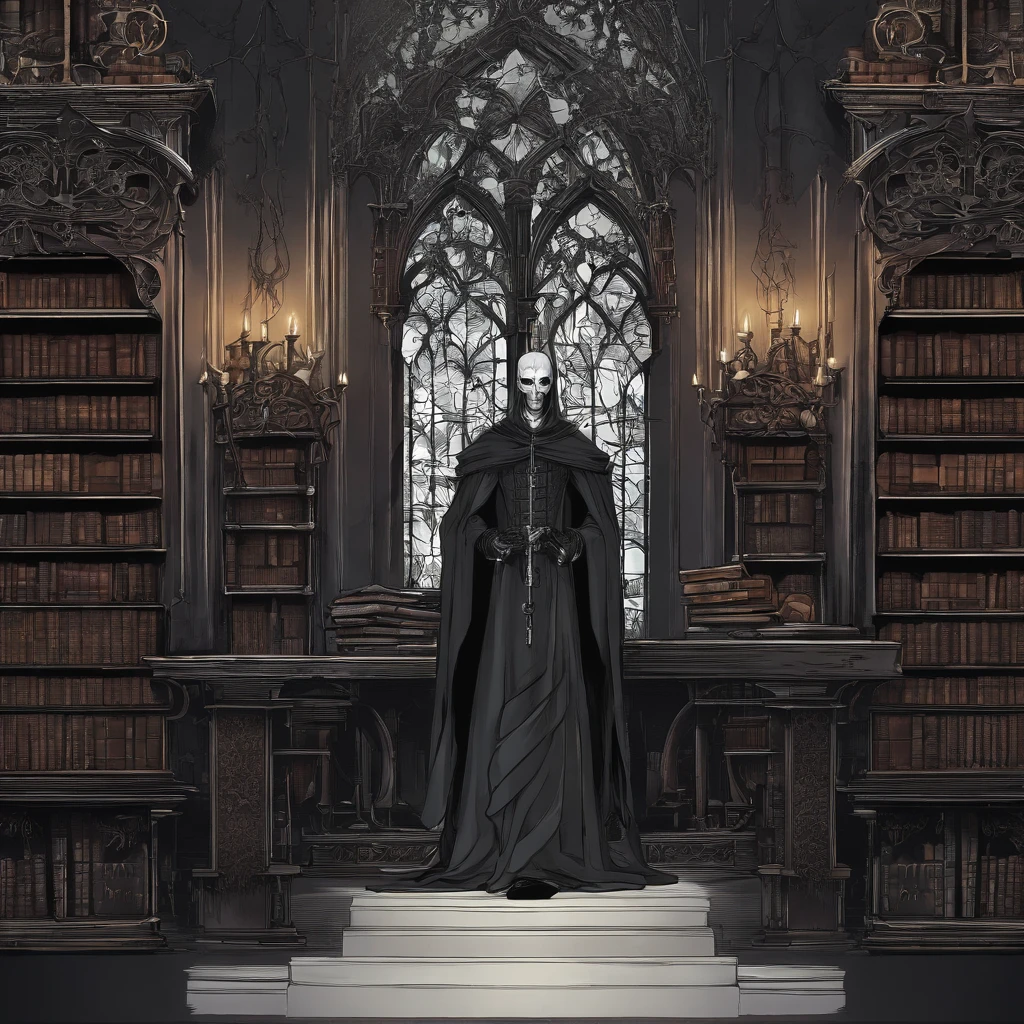 biblioteca, velas, Gothic man with gray skin, roupa de couro, livros voando, gothic style, hiper-realista, cores vivas, detalhado, intrincate details, triste