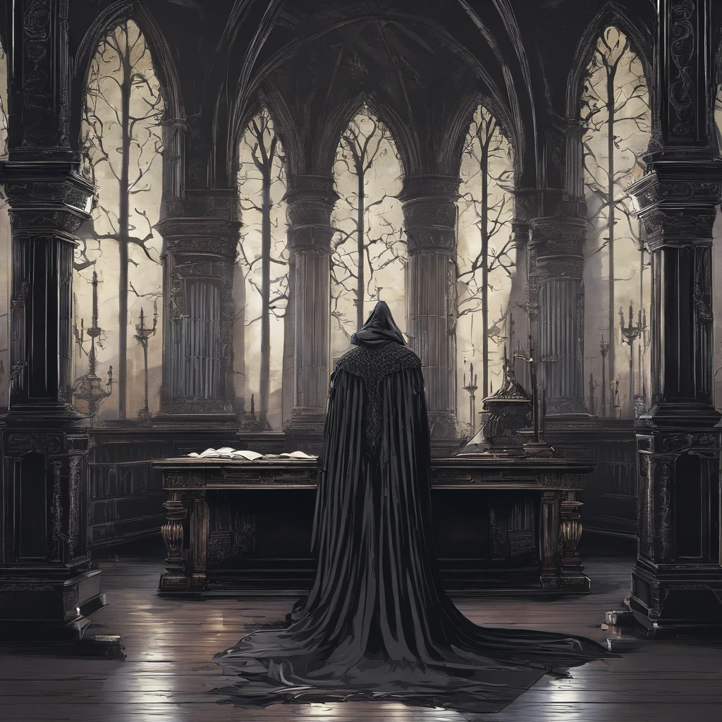 biblioteca, velas, Gothic man with gray skin, roupa de couro, livros voando, gothic style, hiper-realista, cores vivas, detalhado, intrincate details, triste