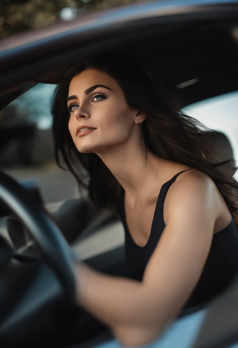 arafed woman with tight jeans and a white top, sexy girl with, black hair and large blue eyes, selfie of a young woman, bedroom eyes, violet myers, without makeup, natural makeup, looking directly at the camera, face with artgram, subtle makeup, stunning full body shot, in the drivers seat of a sport car
