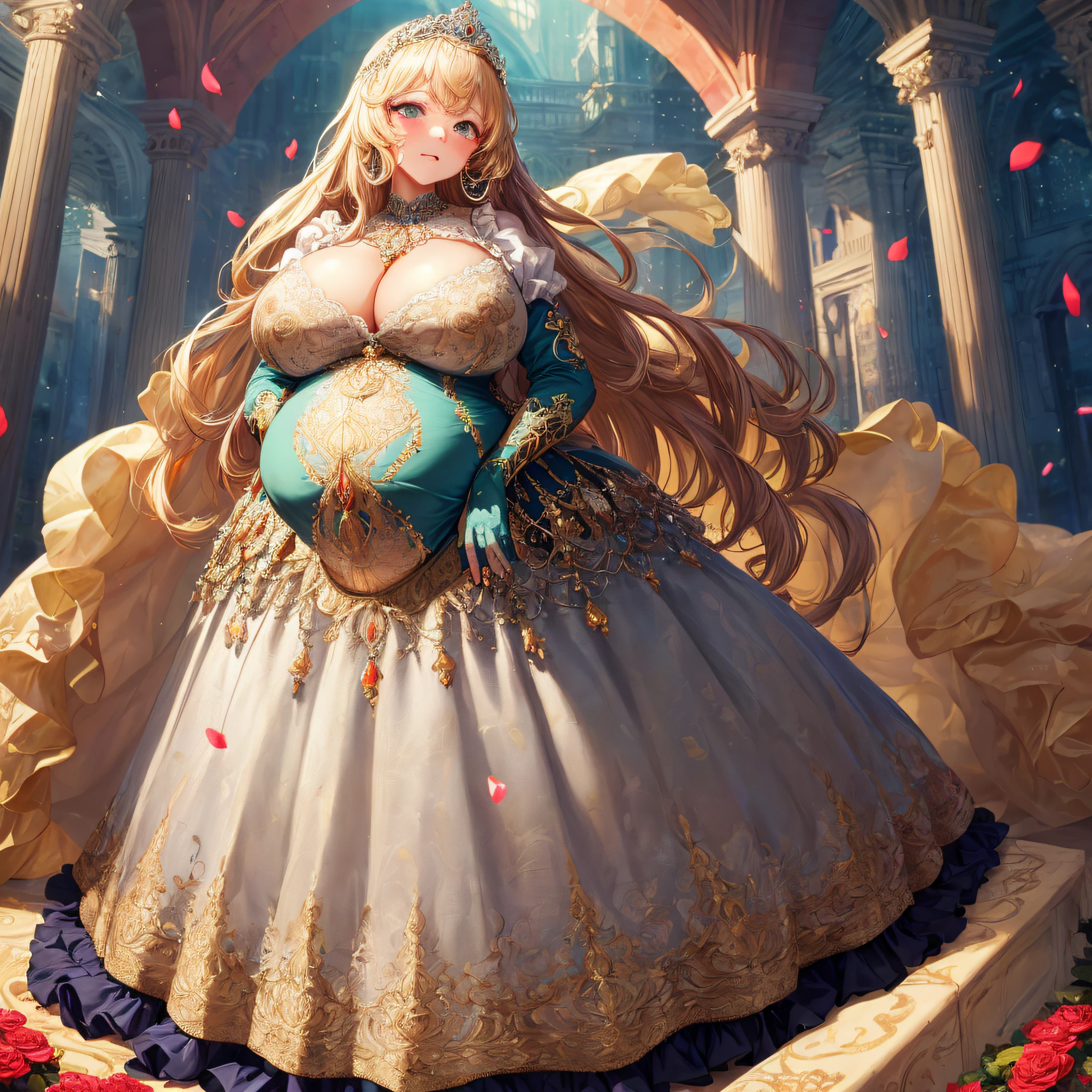 (masterpiece, best quality,extremely detailed:1.1),(moe anime art style:1.2),1girl,((full body,focus face)),((solo)), cute, kawaii,digital art,((1 bling-bling pregnant princess wearing beautiful embroidery and jeweled gorgeous rococo ballgown with jeweled voluminous full length hoop skirt)),(((heavily pregnant))),very big pregnant belly,((crinoline)),long train,voluminous frills,See-through,(gorgeous embroidery and beautiful lace),((very gigantic boobs,skindentation)),cleavage,shiny hair,(((very long straight hair,large amount of straight hair))),((embarrassed)),anguish,((finely detailed face and eyes)),clear pupil,extremely gorgeousfull hair ornament,(bling-bling jeweled extremely gorgeousfull tiara),(bling-bling gorgeous gemstone jewelry),long veil,beautiful background,fantasy background,flowers,flower petals flowing,full body,((beautiful embroidery and jeweled ruffled gorgeous rococo ballgown with voluminous full length hoop skirt))