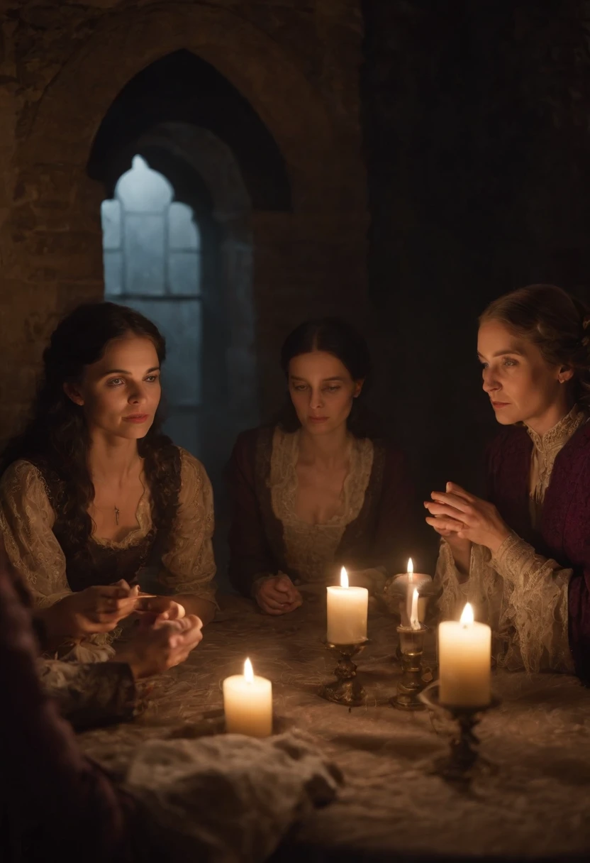 (a seance, female medium, six attendants, Victorian setting, haunting, ultra realistic, highly detailed, photograph) 

In a dimly lit room with ornate Victorian furnishings, a séance is taking place. A female medium, with her eyes closed and hands gently resting on a velvet-covered table, channels the spirits from the other side. Surrounding her, six attentive participants eagerly wait for the ethereal connection to be established. 

The room resonates with an ominous atmosphere, as flickering candlelight casts eerie shadows on the richly embroidered tapestries. The medium's face is illuminated by a delicate glow, emphasizing the deeply etched lines of her experienced countenance. Her eyes, filled with a mix of curiosity and apprehension, hold the secrets of countless encounters with the supernatural. 

As the séance unfolds, the spirits manifest themselves through translucent wisps of ethereal mist, slowly materializing into ghostly apparitions. Each attendant is captivated by the haunting presence, their facial expressions a mix of awe, anticipation, and trepidation. 

Every detail is meticulously captured in this ultra-realistic photograph, taking advantage of the highest quality resolution and masterful composition. The level of detail is striking, showcasing the intricate lace patterns of the attendees' garments and the aged wood of the table. Moments frozen in time, the stillness and the quiet punctuated only by the murmurs of whispers from the other side. 

The overall color palette exudes a sense of gloom and mystery, with deep shades of indigo and plum dominating the scene. The flickering candlelight casts warm hues on the participants' faces, adding an otherworldly glow to their features. 

The lighting design enhances the supernatural ambiance, with carefully placed spotlights casting dramatic shadows and highlights. The interplay between light and dark adds depth and an almost three-dimensional quality to the scene, further enhancing the overall intensit
