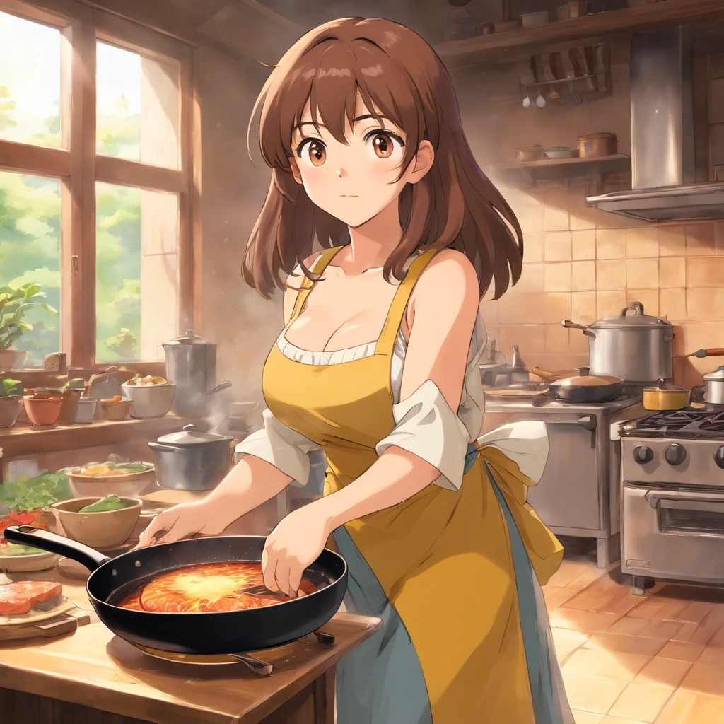 Flat anime style shading, anime woman, Anime-style characters, flat anime style,house wife、Have a frying pan, Brown hair, pinafore, Powerful Pose、kitchin, Powerful anime girl,illustratio、(((gigantic sweaty breasts)))