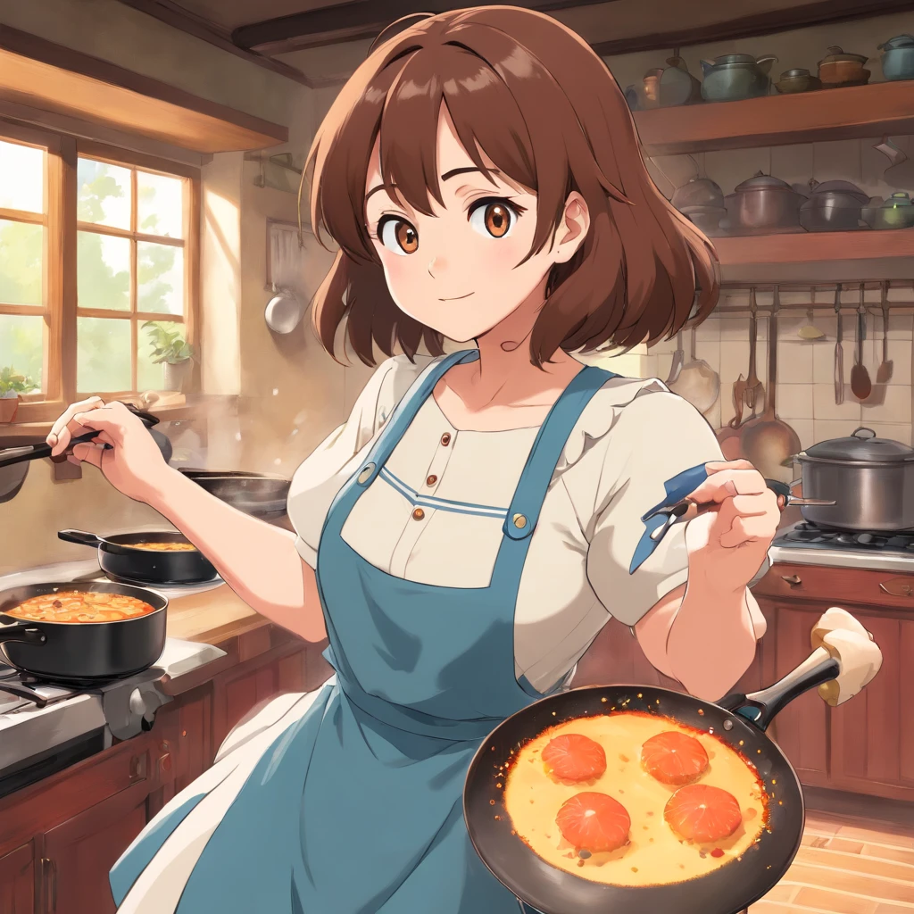 Flat anime style shading, anime woman, Anime-style characters, flat anime style,house wife、Have a frying pan, Brown hair, pinafore, Powerful Pose、kitchin, Powerful anime girl,illustratio、(((gigantic sweaty breasts)))