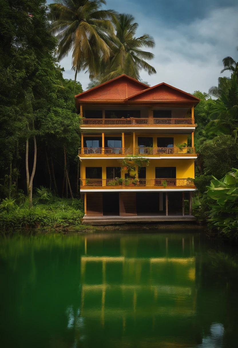 Single-family duplex house next to water bodies and forests in tropical climates