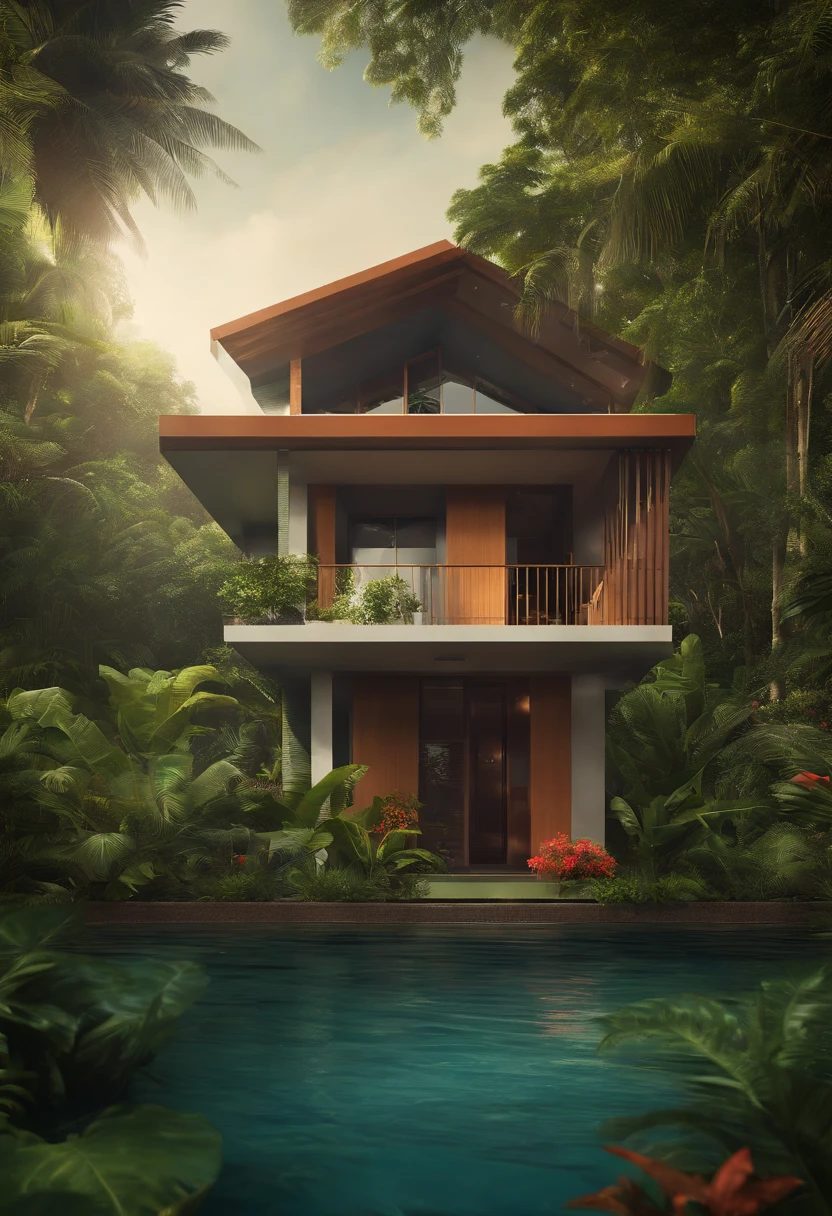 Single-family duplex house next to water bodies and forests in tropical climates