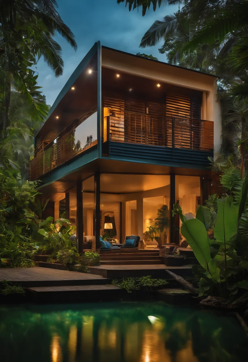 Single-family duplex house next to water bodies and forests in tropical climates