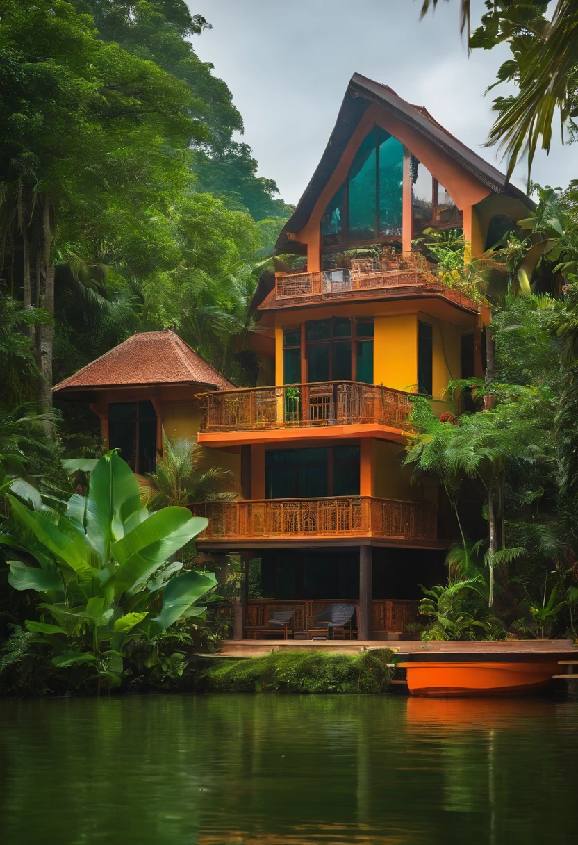 Single-family duplex house next to water bodies and forests in tropical climates